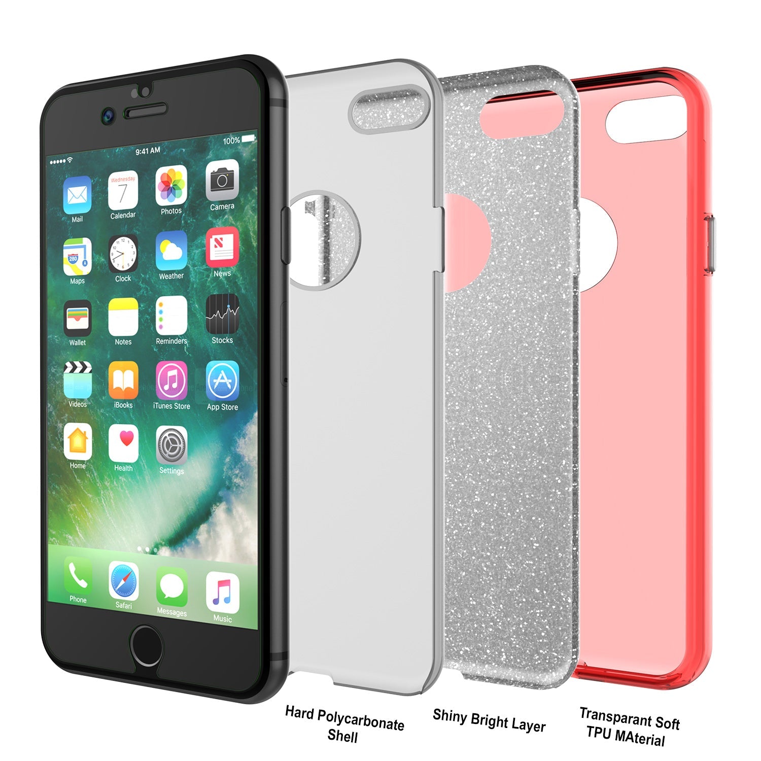 iPhone 8 Case, Punkcase Galactic 2.0 Series Ultra Slim Protective Armor TPU Cover [Red] (Color in image: silver)