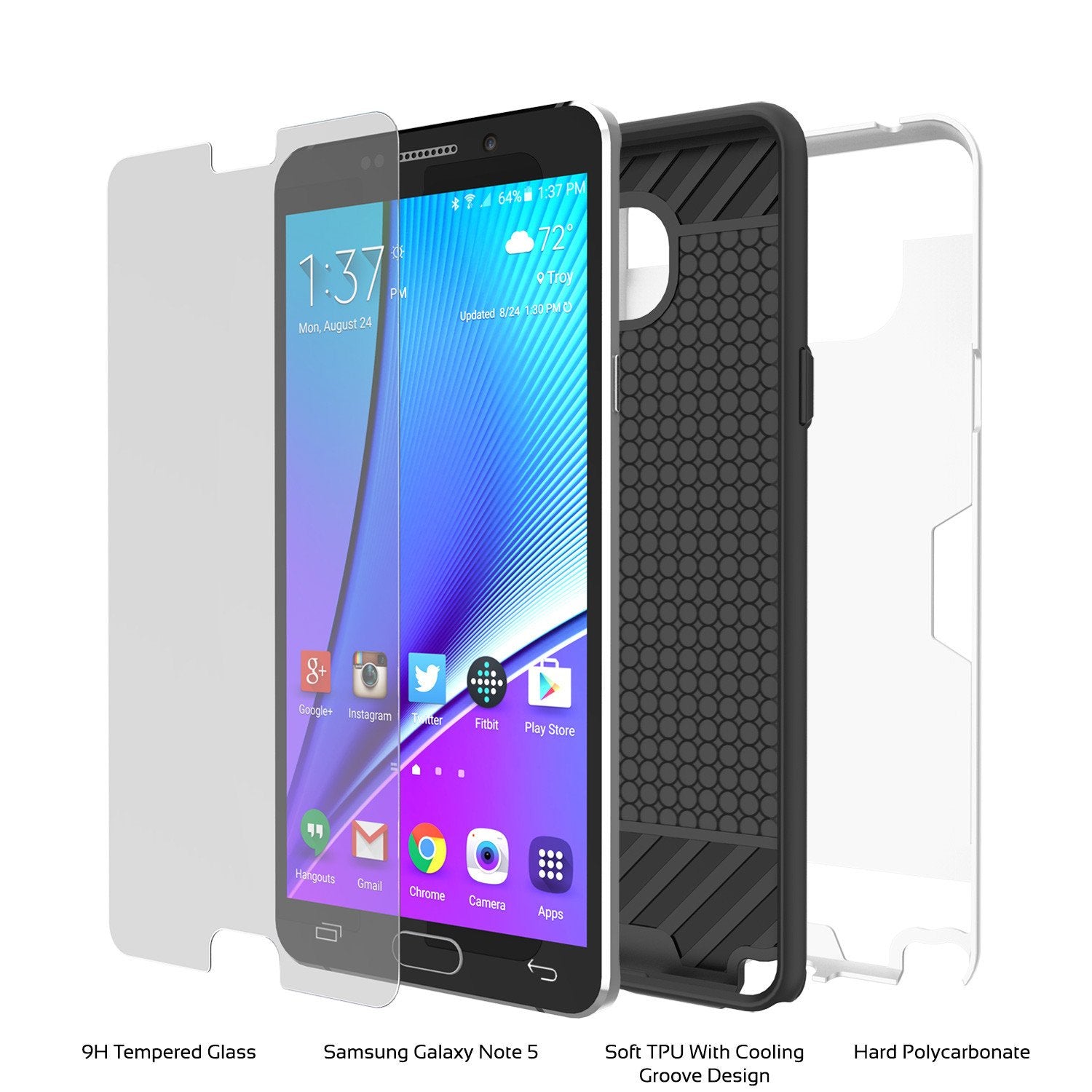 Galaxy Note 5 Case PunkCase SLOT White Series Slim Armor Soft Cover Case w/ Tempered Glass (Color in image: Black)