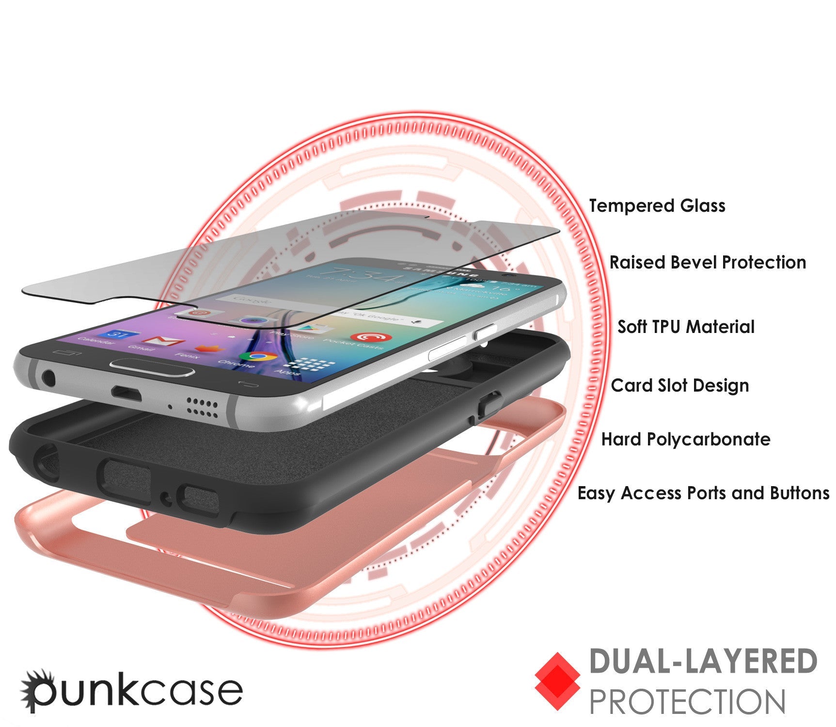 Galaxy S6 EDGE Case PunkCase CLUTCH Rose Gold Series Slim Armor Soft Cover Case w/ Screen Protector (Color in image: Black)