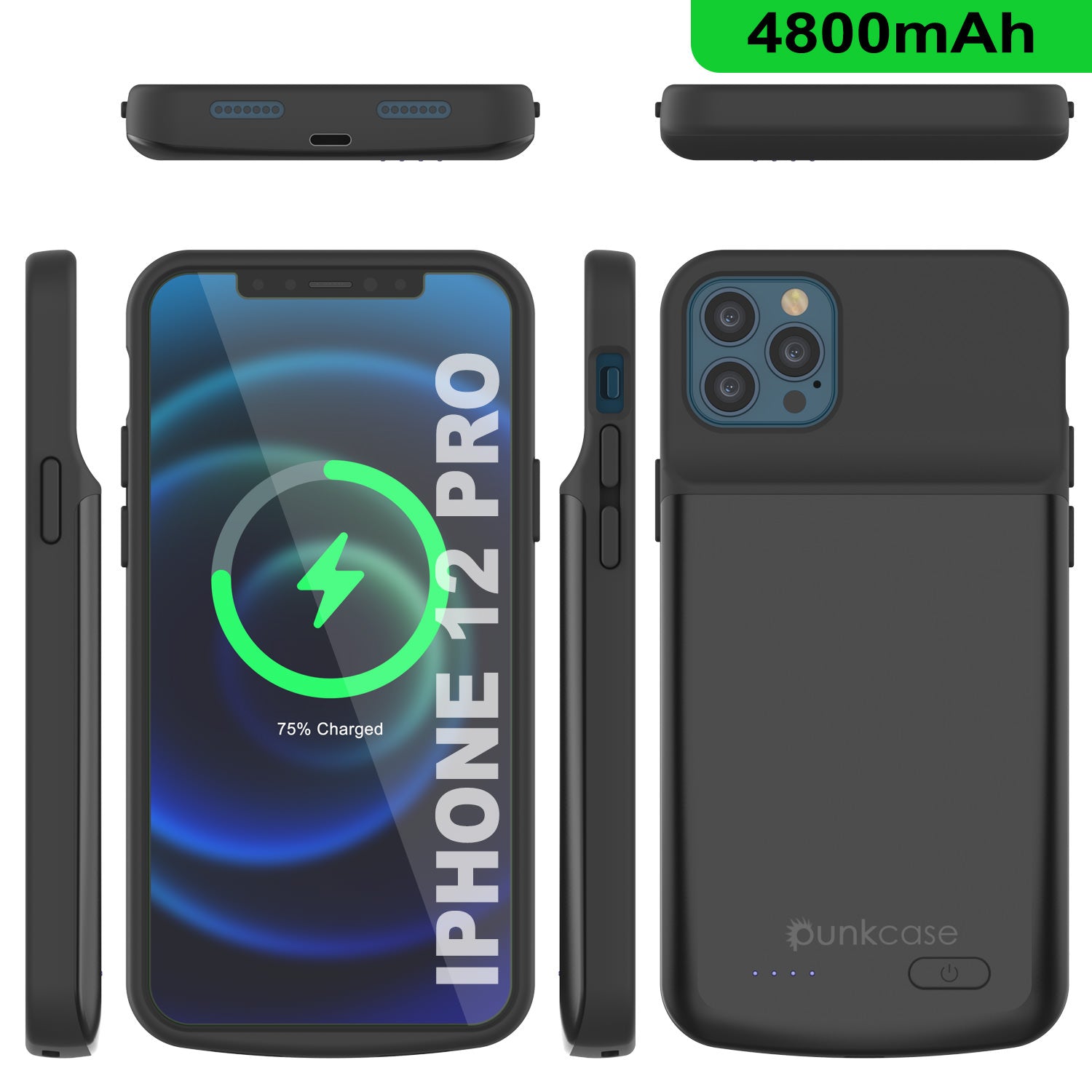 Capa de bateria para iPhone 12 Pro, PunkJuice 4800mAH Power Bank de carregamento rápido com protetor de tela | [Preto]