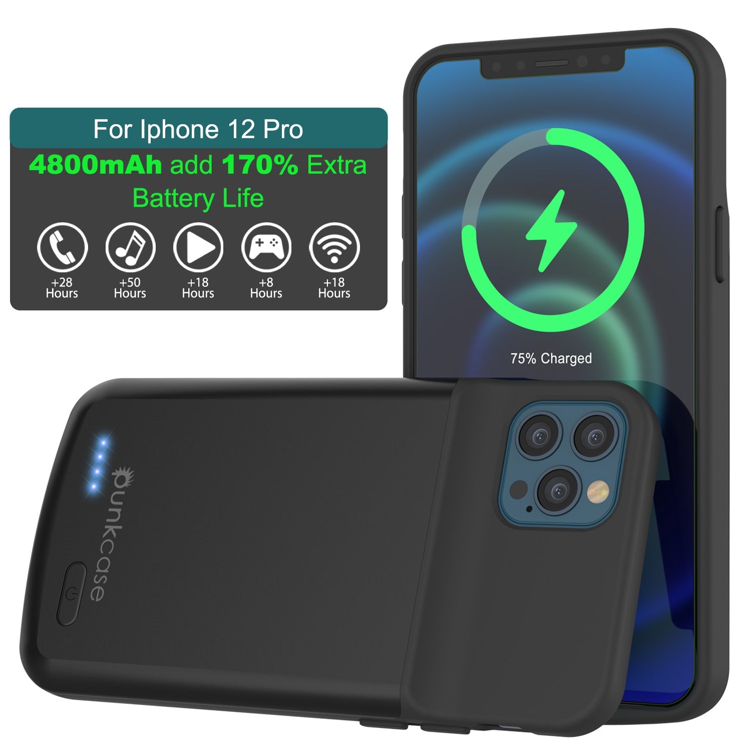 Capa de bateria para iPhone 12 Pro, PunkJuice 4800mAH Power Bank de carregamento rápido com protetor de tela | [Preto]