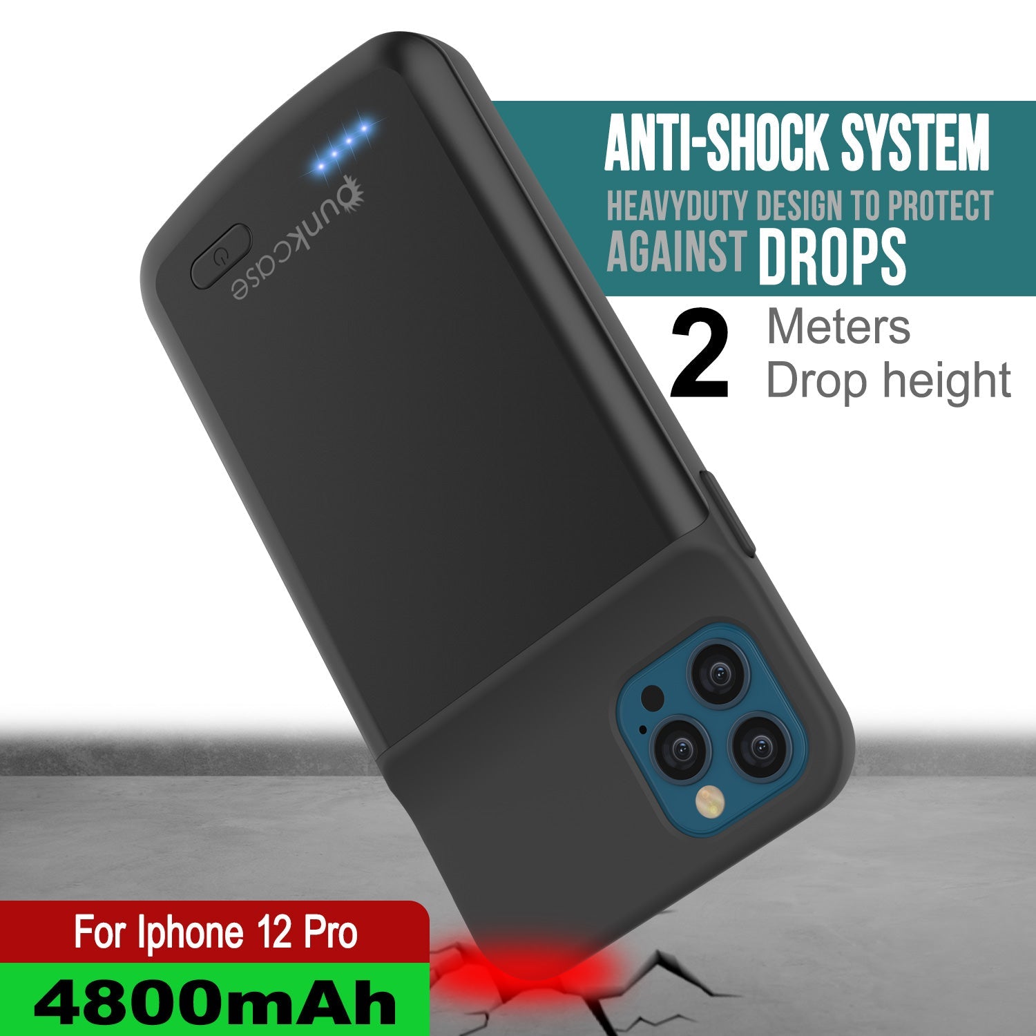 Capa de bateria para iPhone 12 Pro, PunkJuice 4800mAH Power Bank de carregamento rápido com protetor de tela | [Preto]