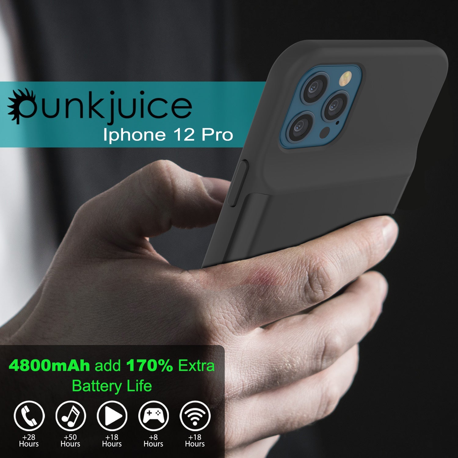 Capa de bateria para iPhone 12 Pro, PunkJuice 4800mAH Power Bank de carregamento rápido com protetor de tela | [Preto]