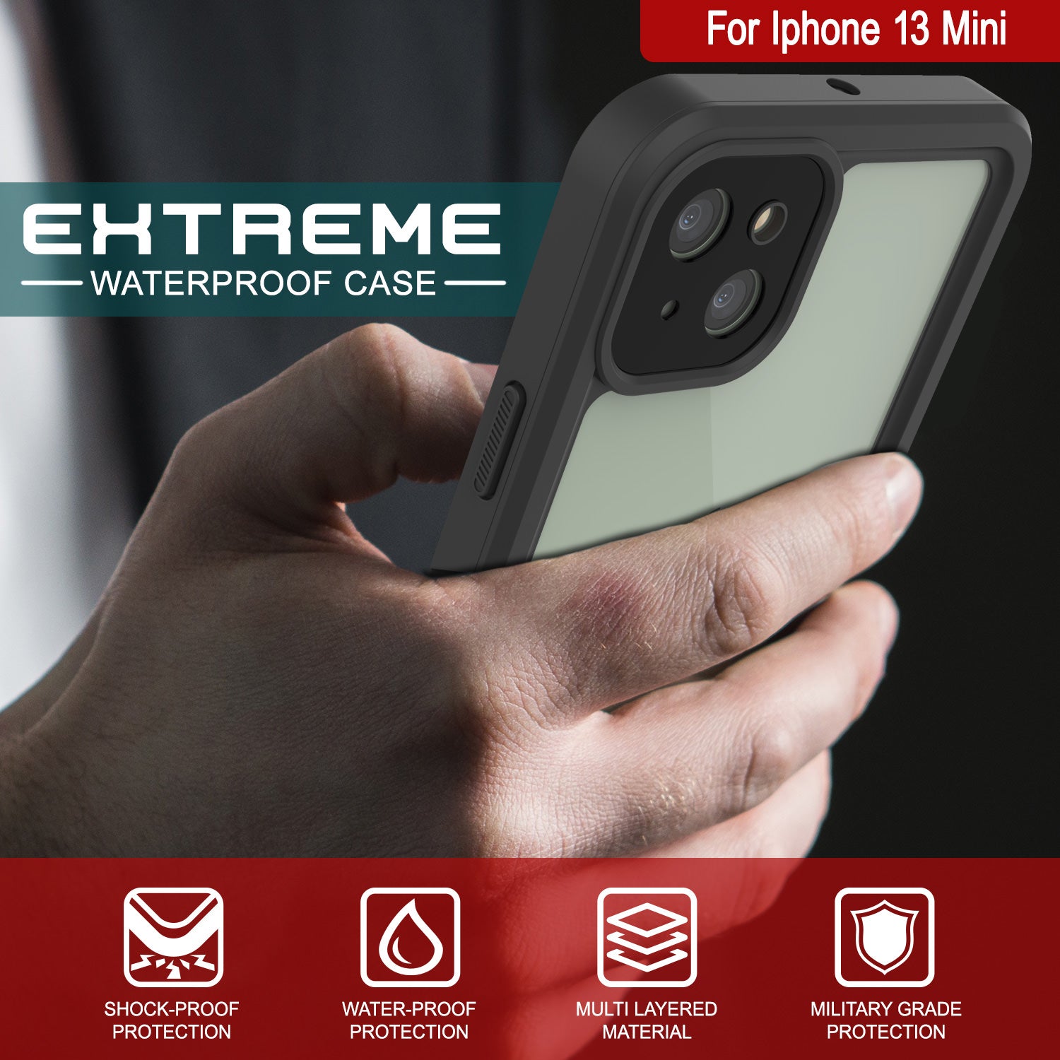 Capa à prova d'água para iPhone 13 Mini, Punkcase [Série Extrema] Capa de Armadura com Protetor de Tela Embutido [Preto]