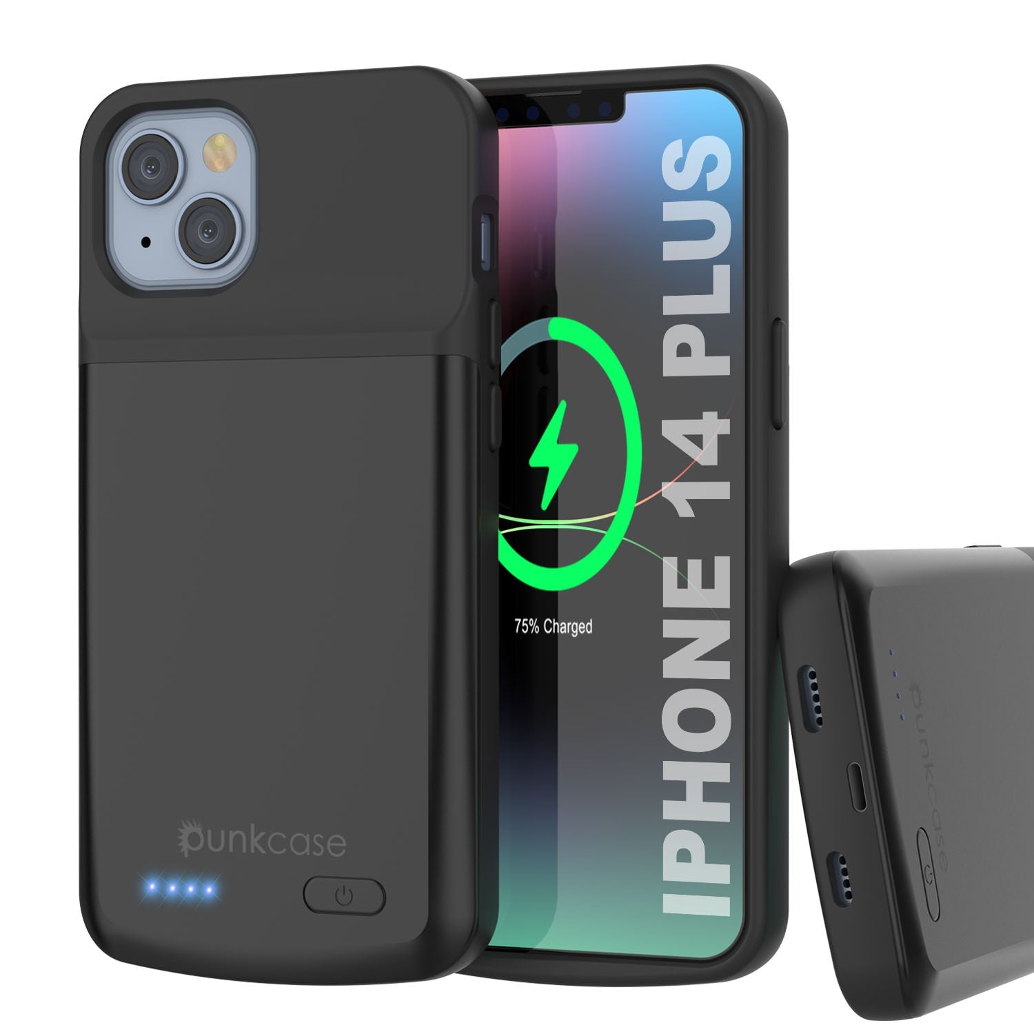 Capa de bateria para iPhone 14 Plus, PunkJuice 4800mAH, Power Bank de carregamento rápido com protetor de tela | [Preto]