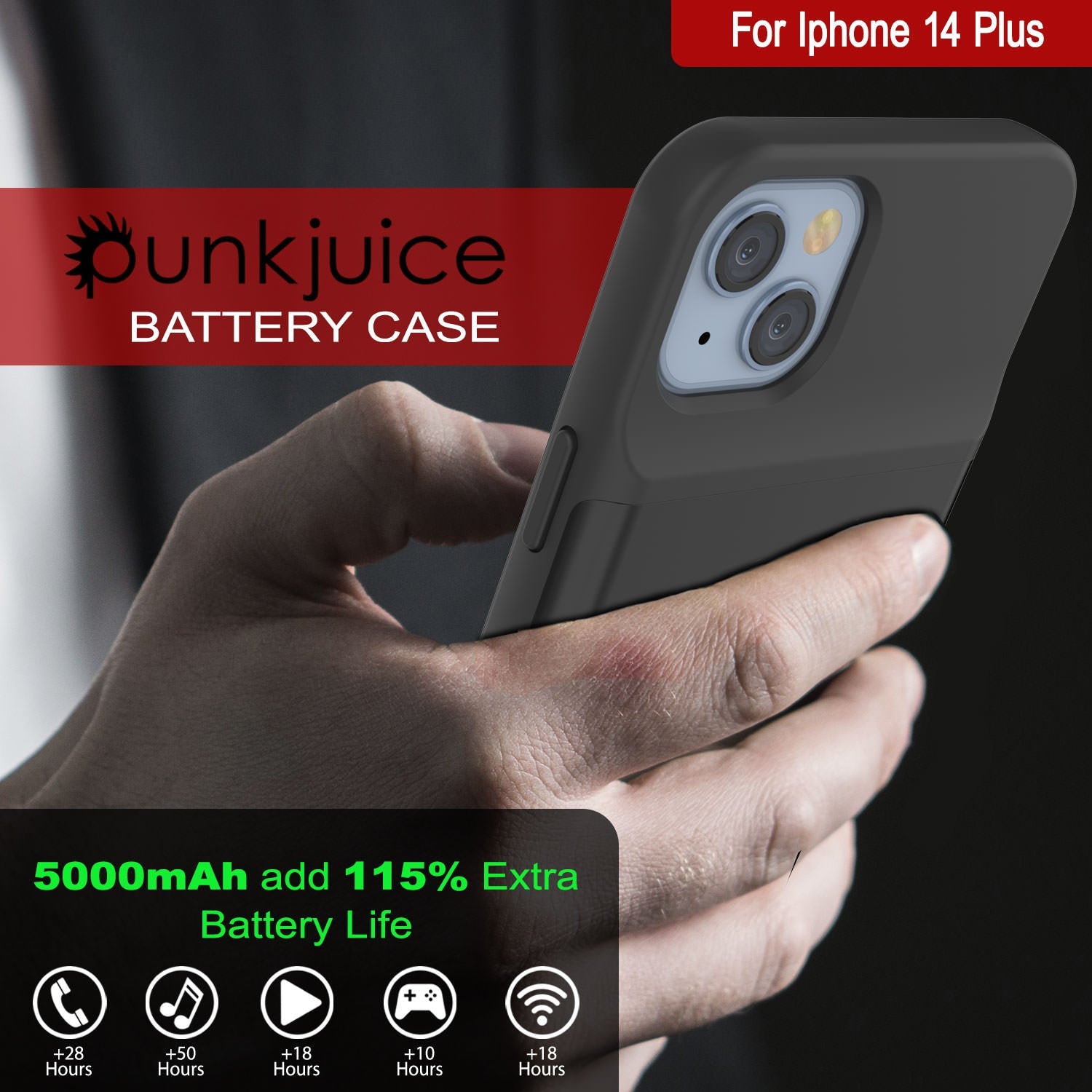 Capa de bateria para iPhone 14 Plus, PunkJuice 4800mAH, Power Bank de carregamento rápido com protetor de tela | [Preto]