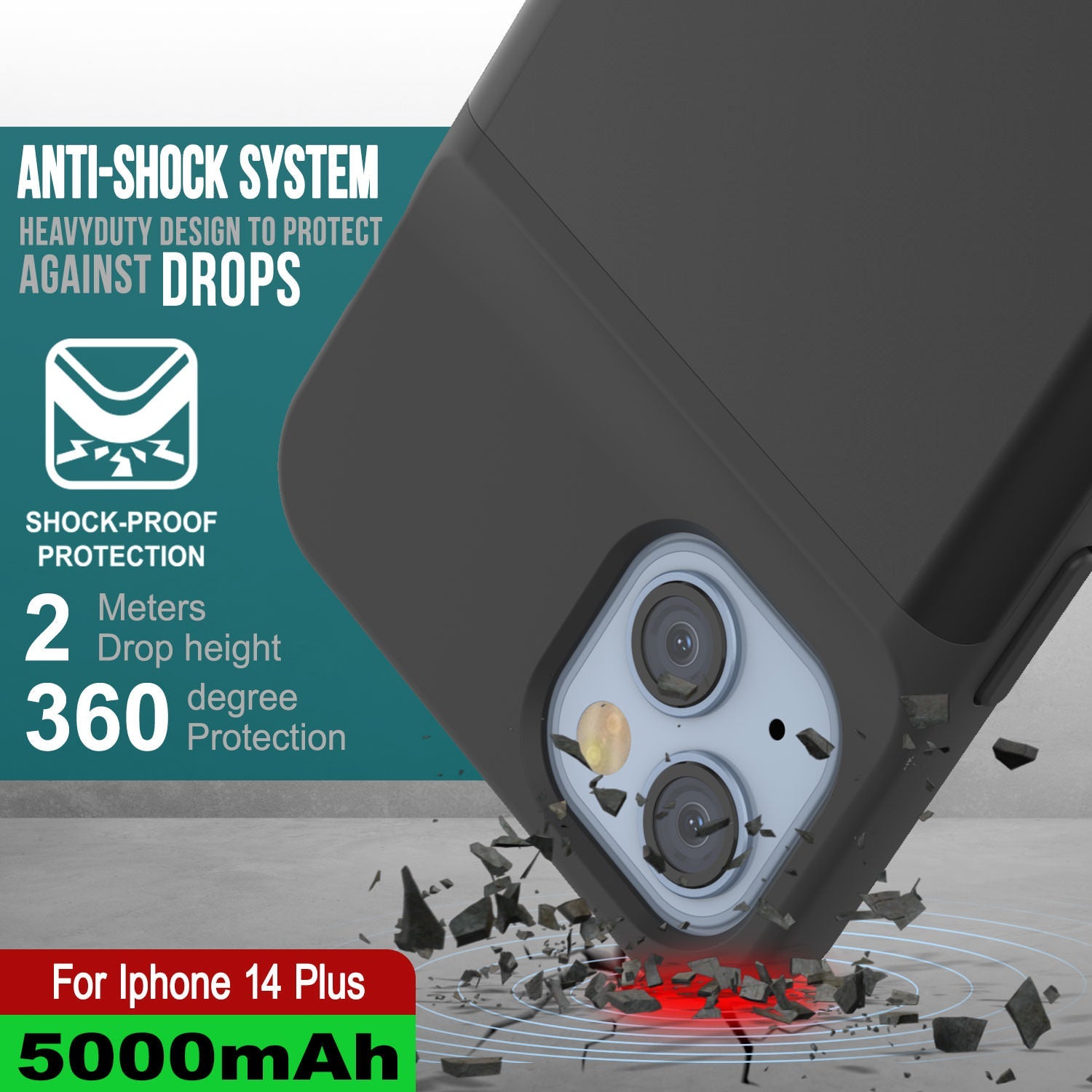 Capa de bateria para iPhone 14 Plus, PunkJuice 4800mAH, Power Bank de carregamento rápido com protetor de tela | [Preto]