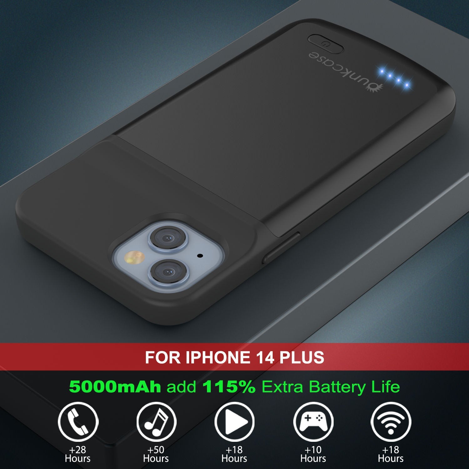 Capa de bateria para iPhone 14 Plus, PunkJuice 4800mAH, Power Bank de carregamento rápido com protetor de tela | [Preto]