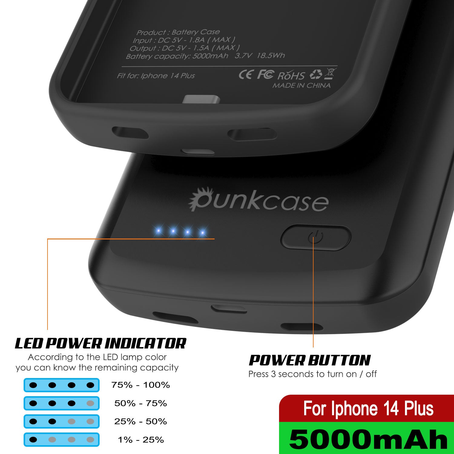 Capa de bateria para iPhone 14 Plus, PunkJuice 4800mAH, Power Bank de carregamento rápido com protetor de tela | [Preto]