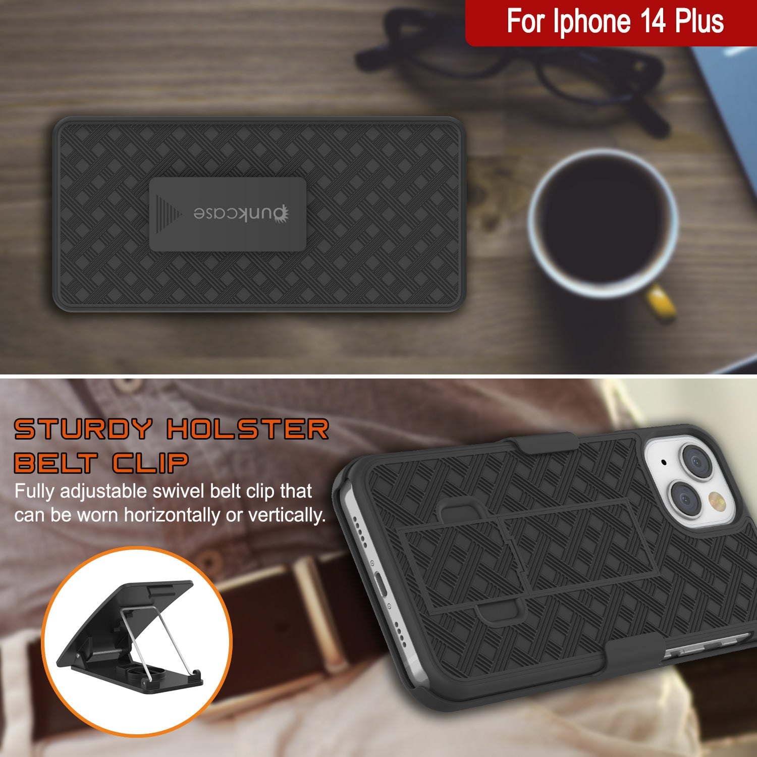 Capa Punkcase para iPhone 14 Plus com protetor de tela de vidro temperado, clipe de cinto e suporte embutido [Preto]