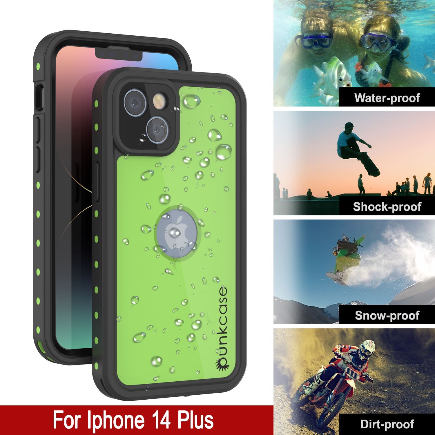 Capa à prova d'água IP68 para iPhone 14 Plus, Punkcase [verde claro] [Série StudStar] [Ajuste Slim] [Prova de sujeira]