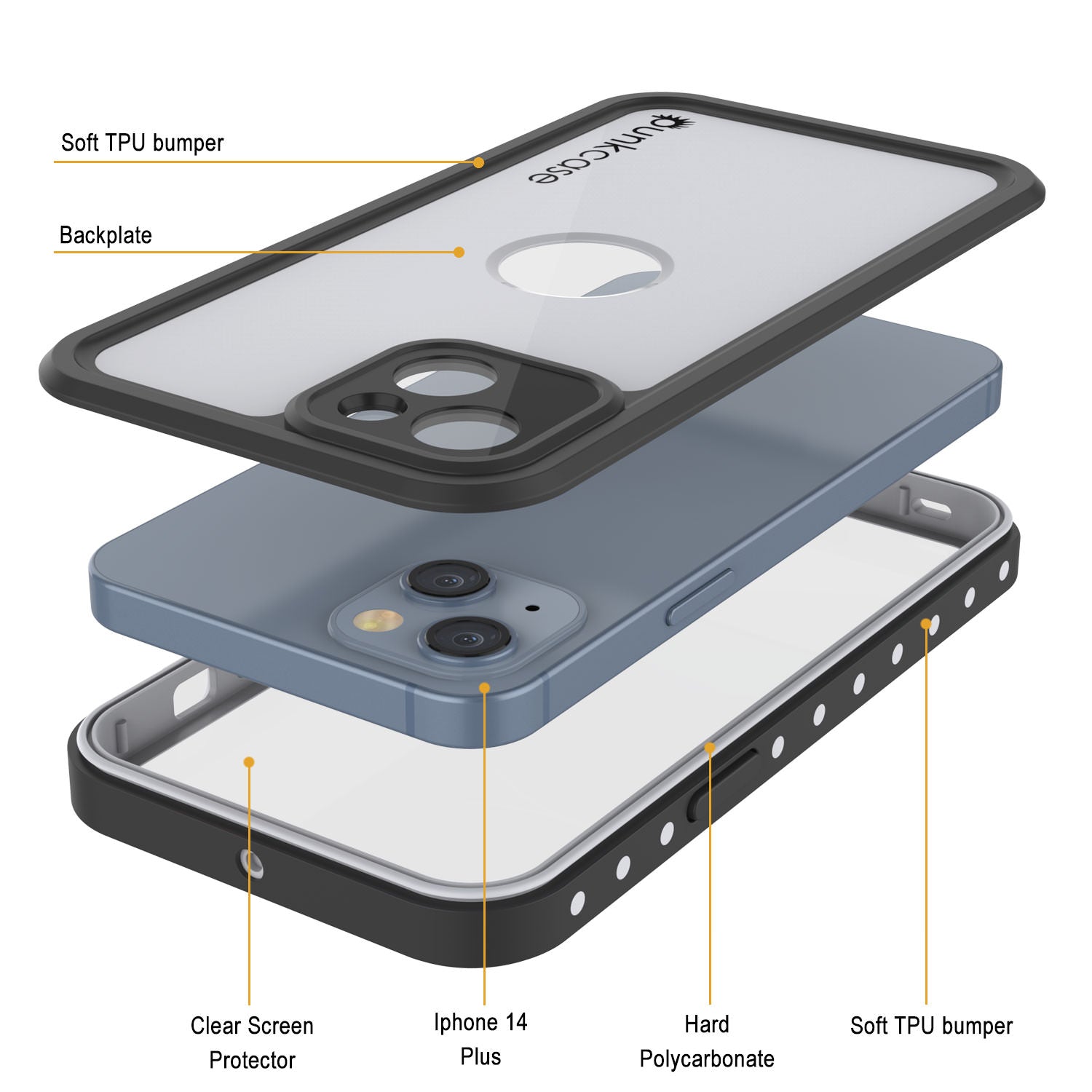 Capa à prova d'água IP68 para iPhone 14 Plus, Punkcase [Branco] [Série StudStar] [Ajuste Slim] [Prova de Sujeira]