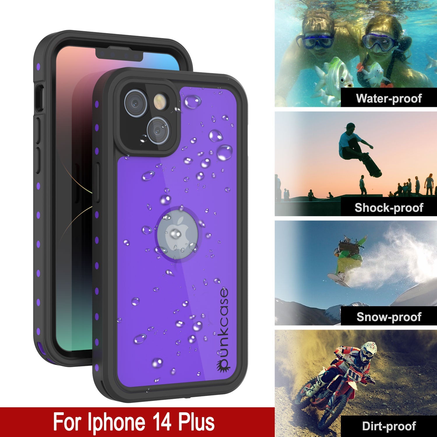 Capa à prova d'água IP68 para iPhone 14 Plus, Punkcase [Roxa] [Série StudStar] [Ajuste Slim] [Prova de sujeira]