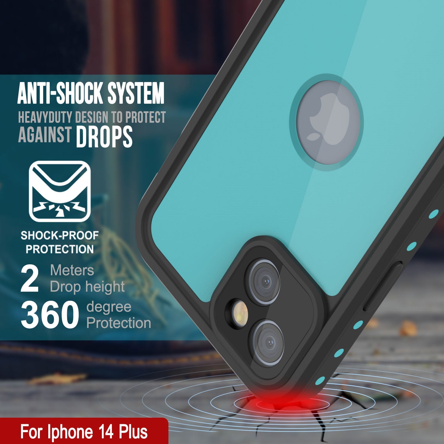 Capa à prova d'água IP68 para iPhone 14 Plus, Punkcase [Teal] [Série StudStar] [Ajuste Slim]