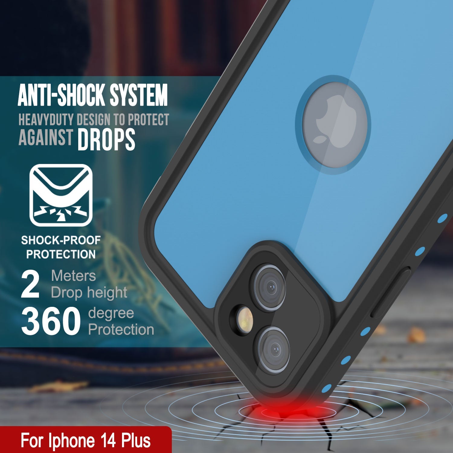 Capa à prova d'água IP68 iPhone 14 Plus, Punkcase [Azul claro] [Série StudStar] [Ajuste fino] [Prova de sujeira]