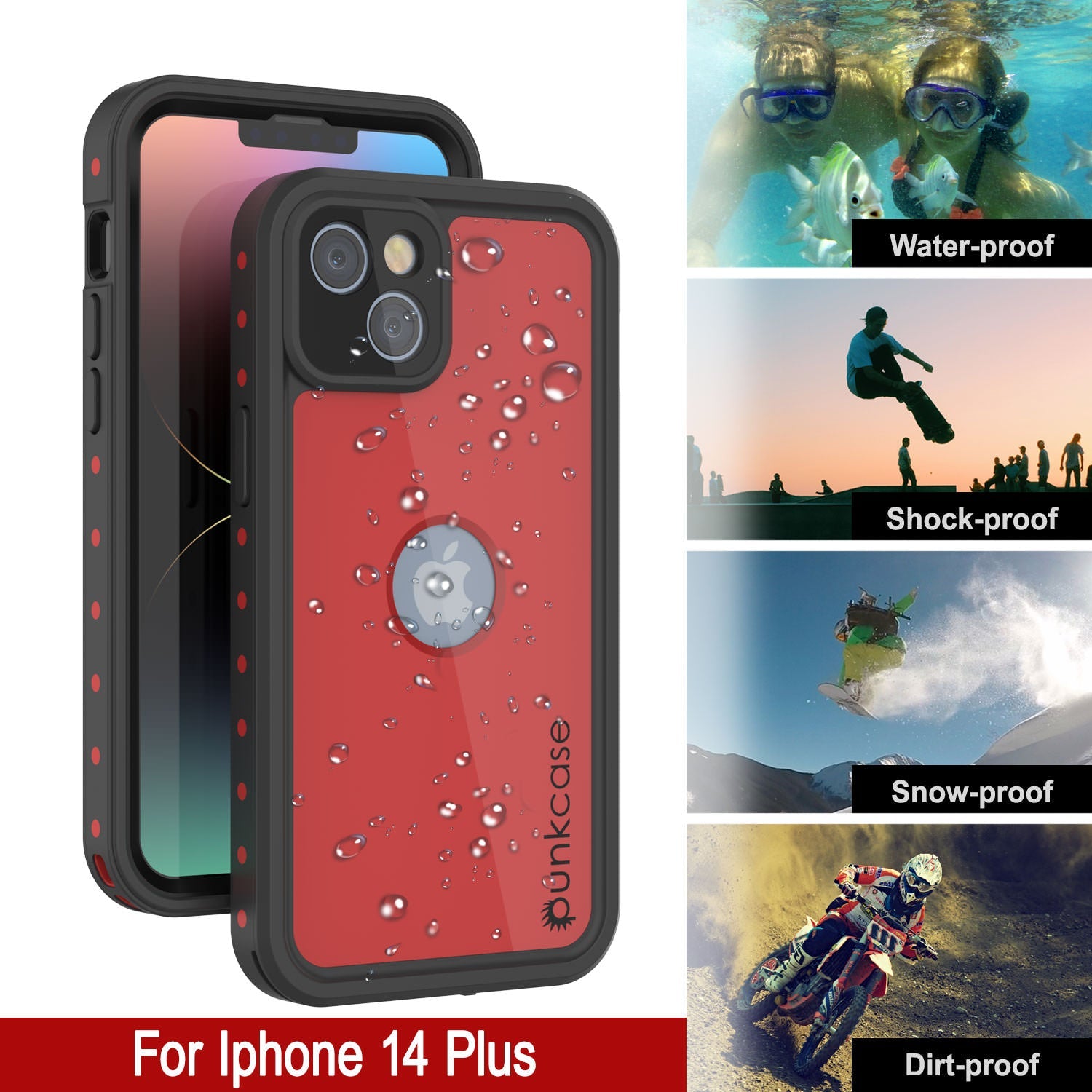 Capa à prova d'água IP68 para iPhone 14 Plus, Punkcase [Vermelho] [Série StudStar] [Ajuste Slim]