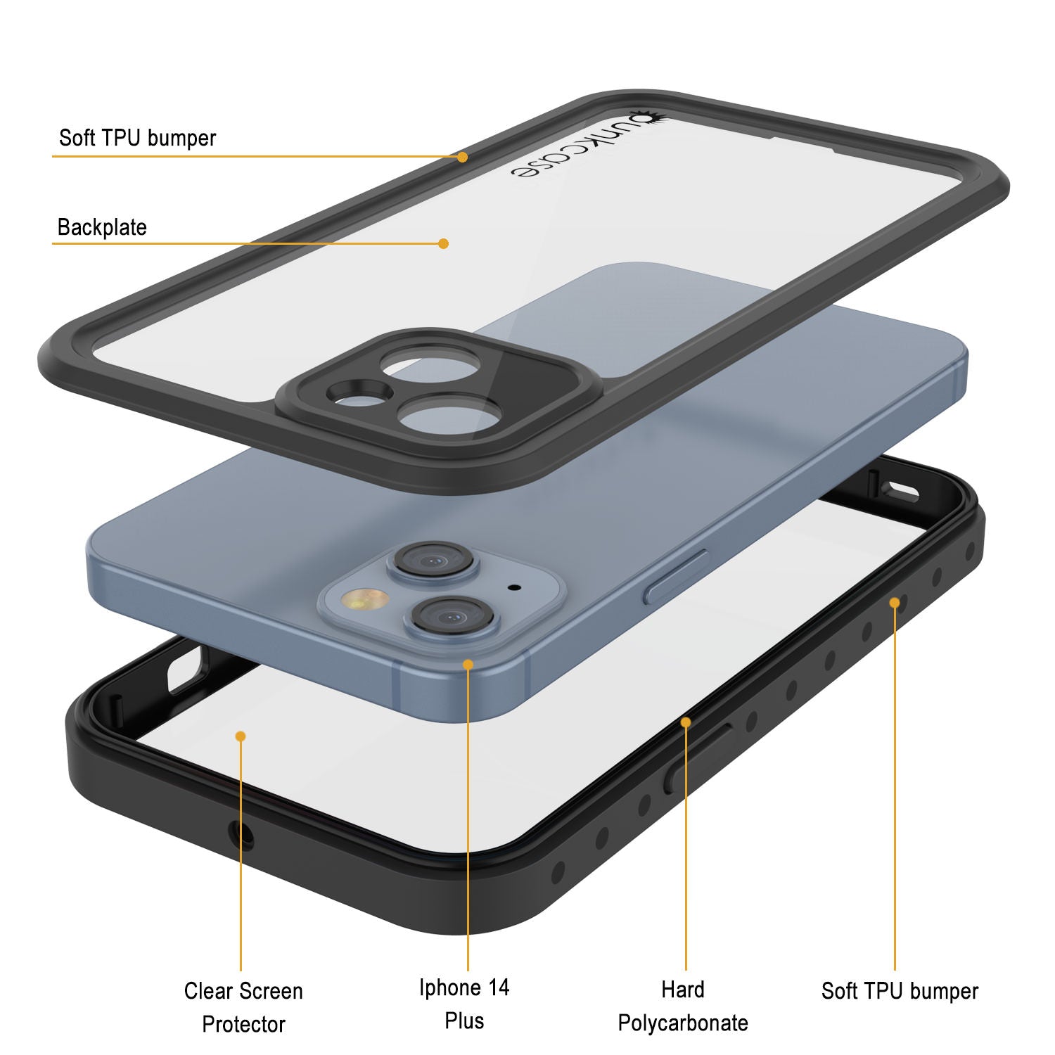 Capa à prova d'água IP68 iPhone 14 Plus, Punkcase [Clear] [Série StudStar] [Ajuste Fino] [Proteção contra Sujeira]