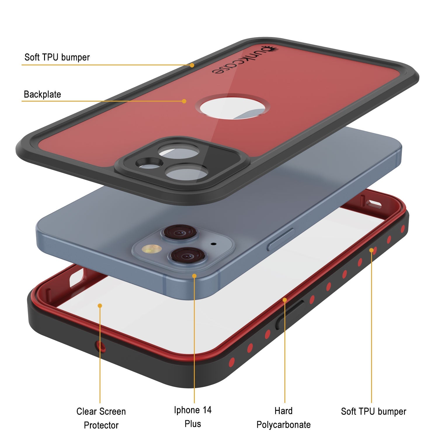 Capa à prova d'água IP68 para iPhone 14 Plus, Punkcase [Vermelho] [Série StudStar] [Ajuste Slim]