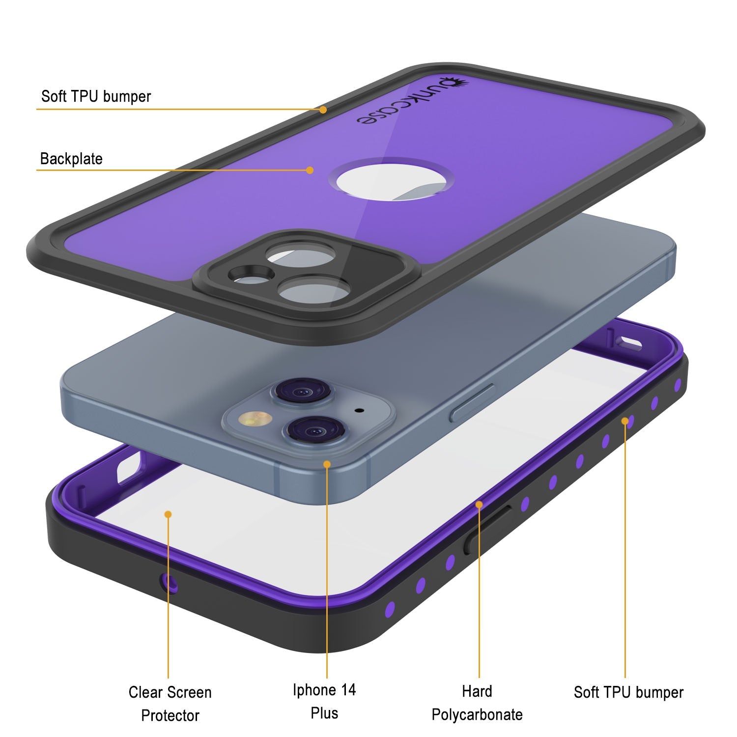 Capa à prova d'água IP68 para iPhone 14 Plus, Punkcase [Roxa] [Série StudStar] [Ajuste Slim] [Prova de sujeira]