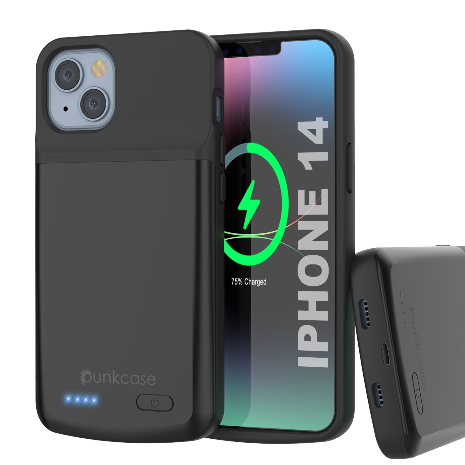Capa de bateria para iPhone 14, PunkJuice 4800mAh Power Bank de carregamento rápido com Protetor de Tela | [Preto]