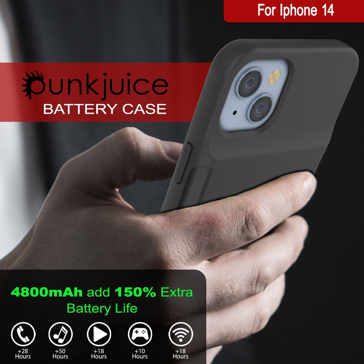 Capa de bateria para iPhone 14, PunkJuice 4800mAh Power Bank de carregamento rápido com Protetor de Tela | [Preto]