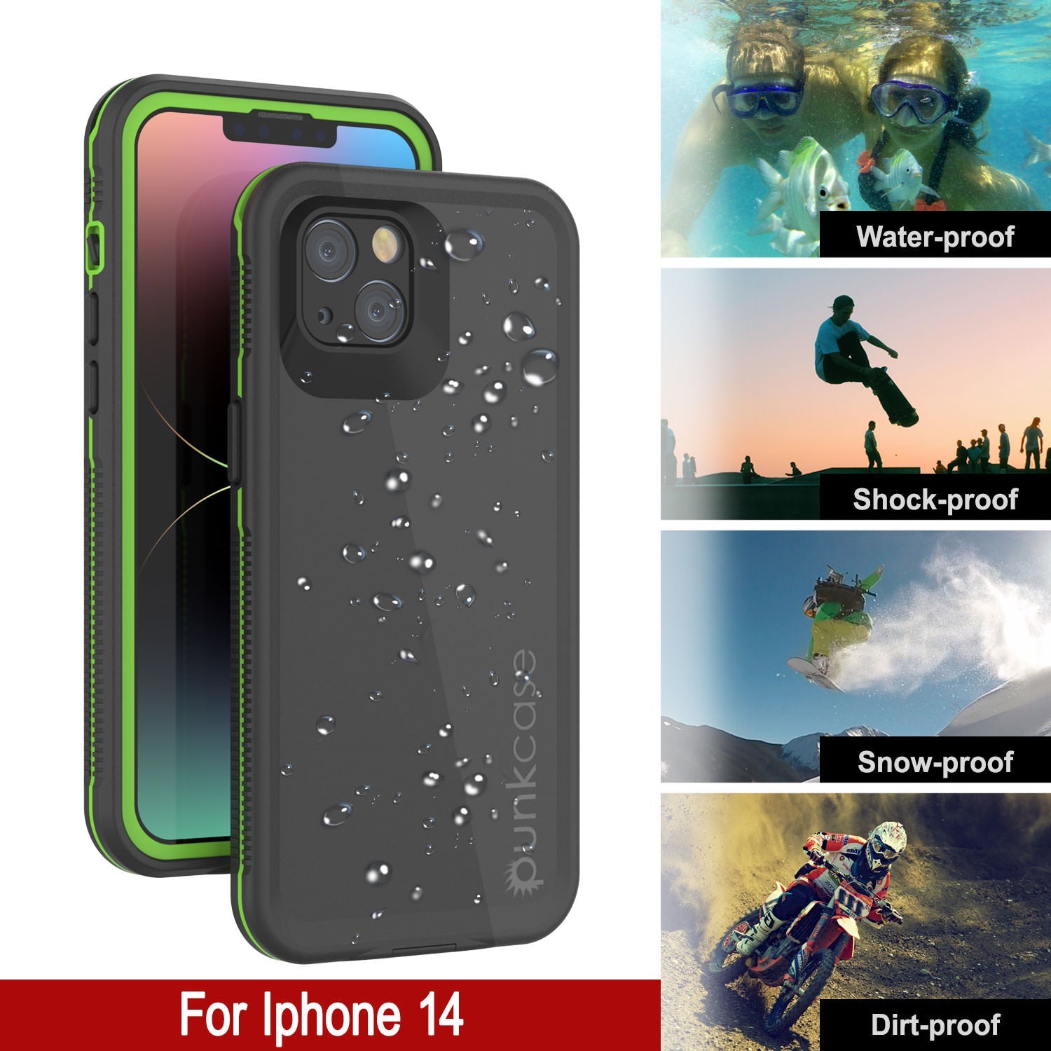 Capa à prova d'água Punkcase para iPhone 14 [Série Aqua] Cobertura de armadura [Preto-Verde]