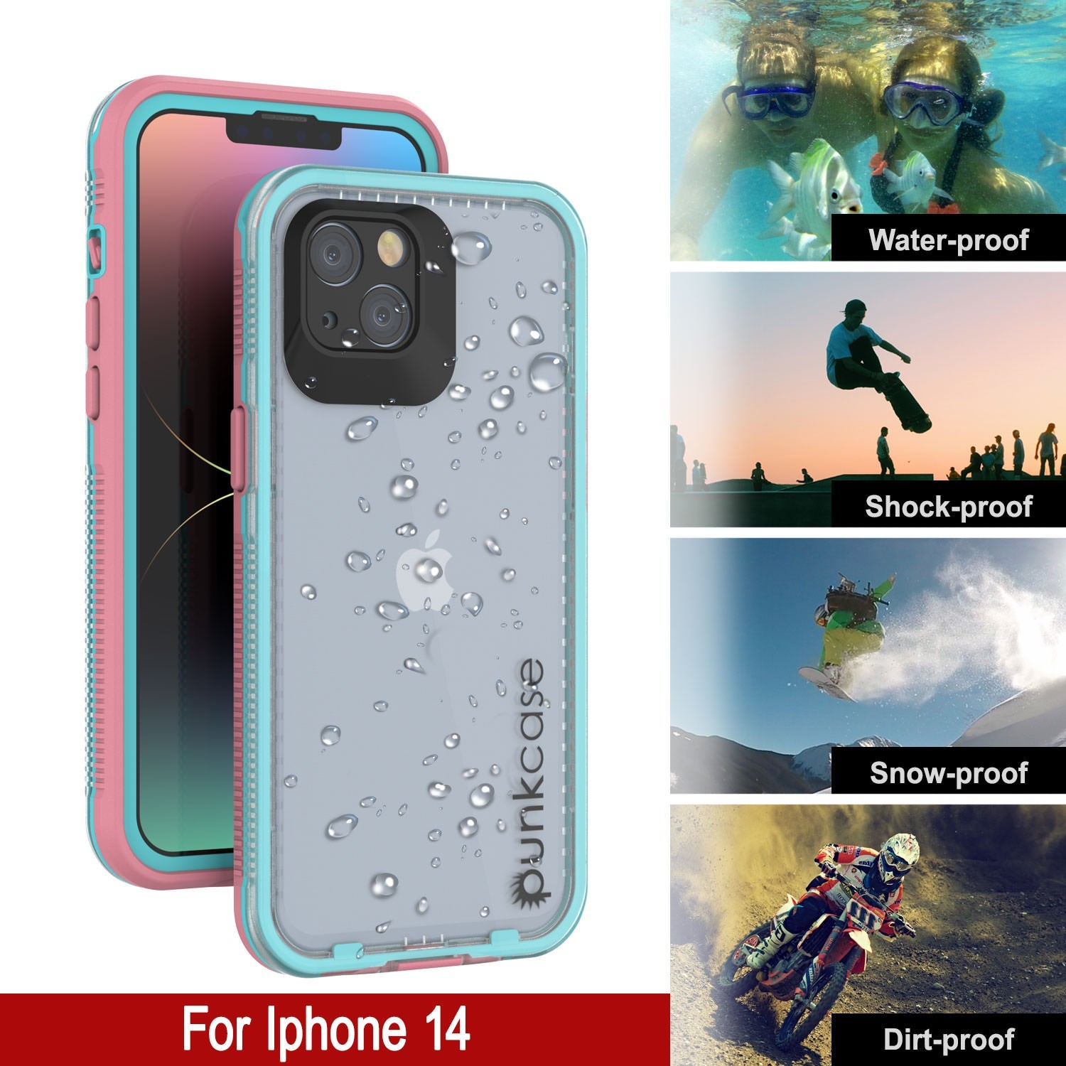 Capa à prova d'água Punkcase para iPhone 14 [Série Aqua] Capa Armor [Rosa Transparente] [Traseira Transparente]
