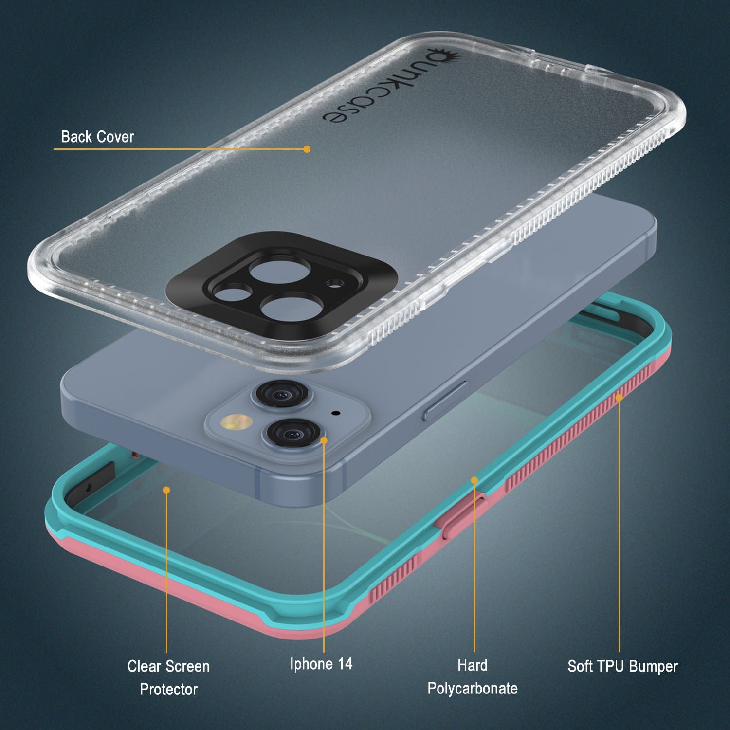 Capa à prova d'água Punkcase para iPhone 14 [Série Aqua] Capa Armor [Rosa Transparente] [Traseira Transparente]