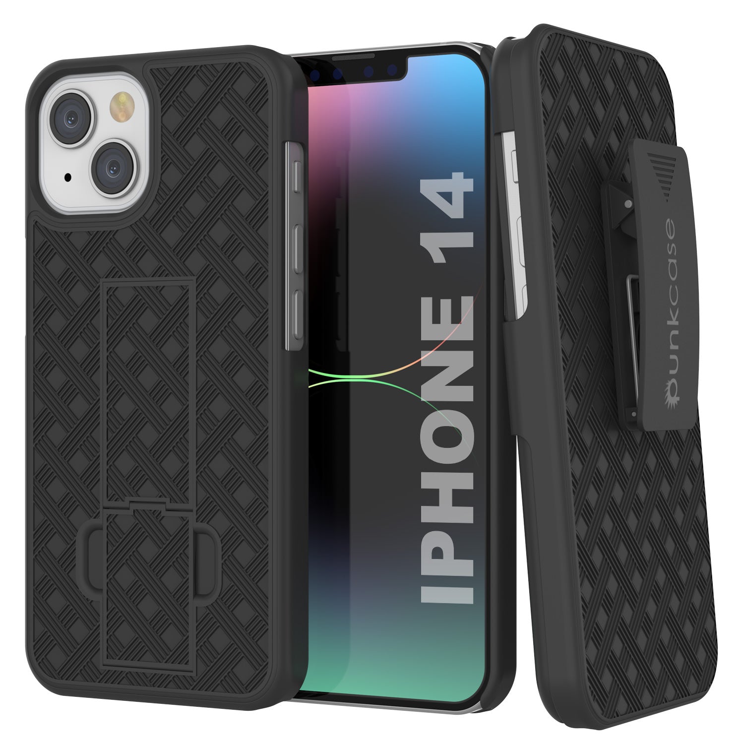 Capa Punkcase para iPhone 14 com protetor de tela de vidro temperado, clip de cinto, e suporte embutido [Preto]