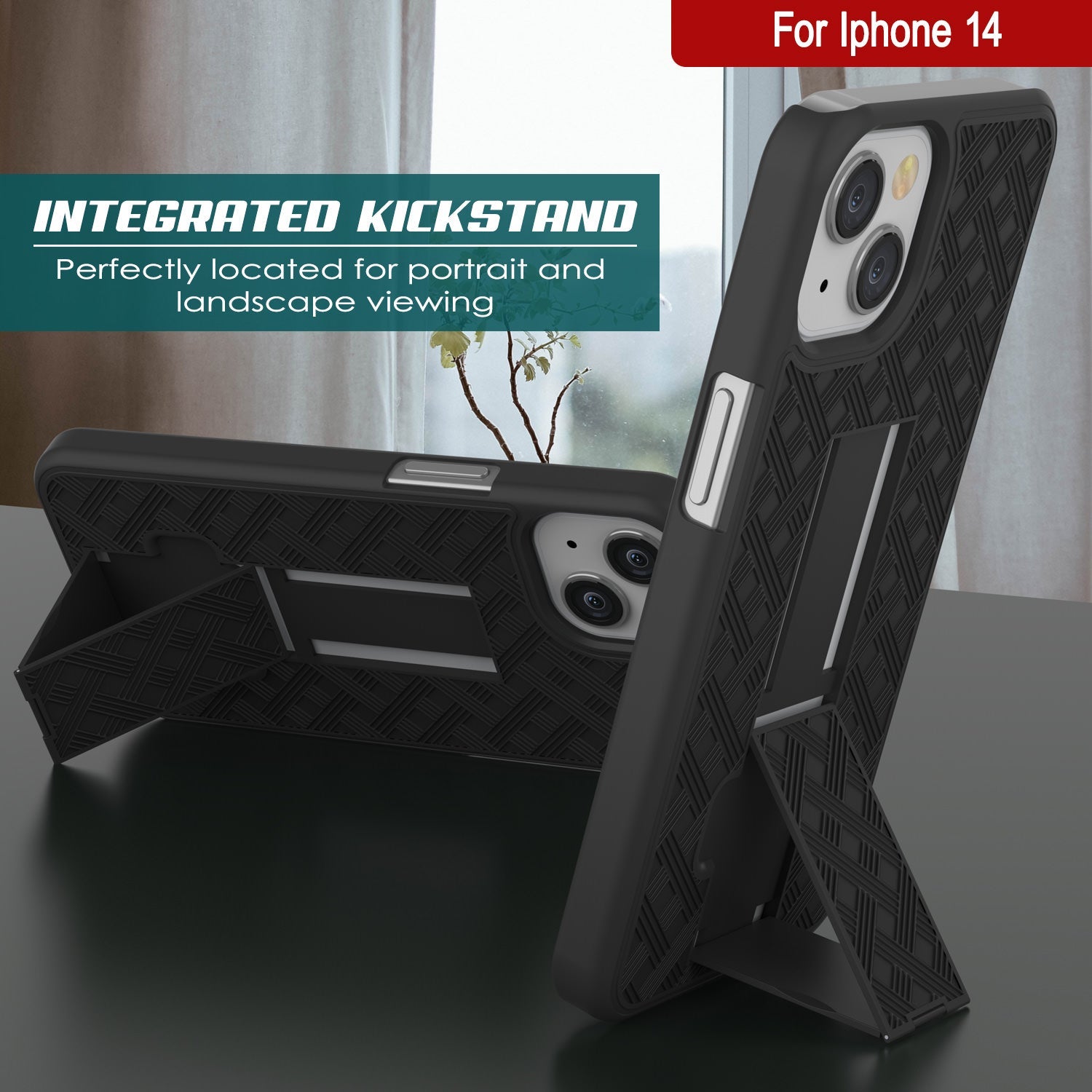 Capa Punkcase para iPhone 14 com protetor de tela de vidro temperado, clip de cinto, e suporte embutido [Preto]