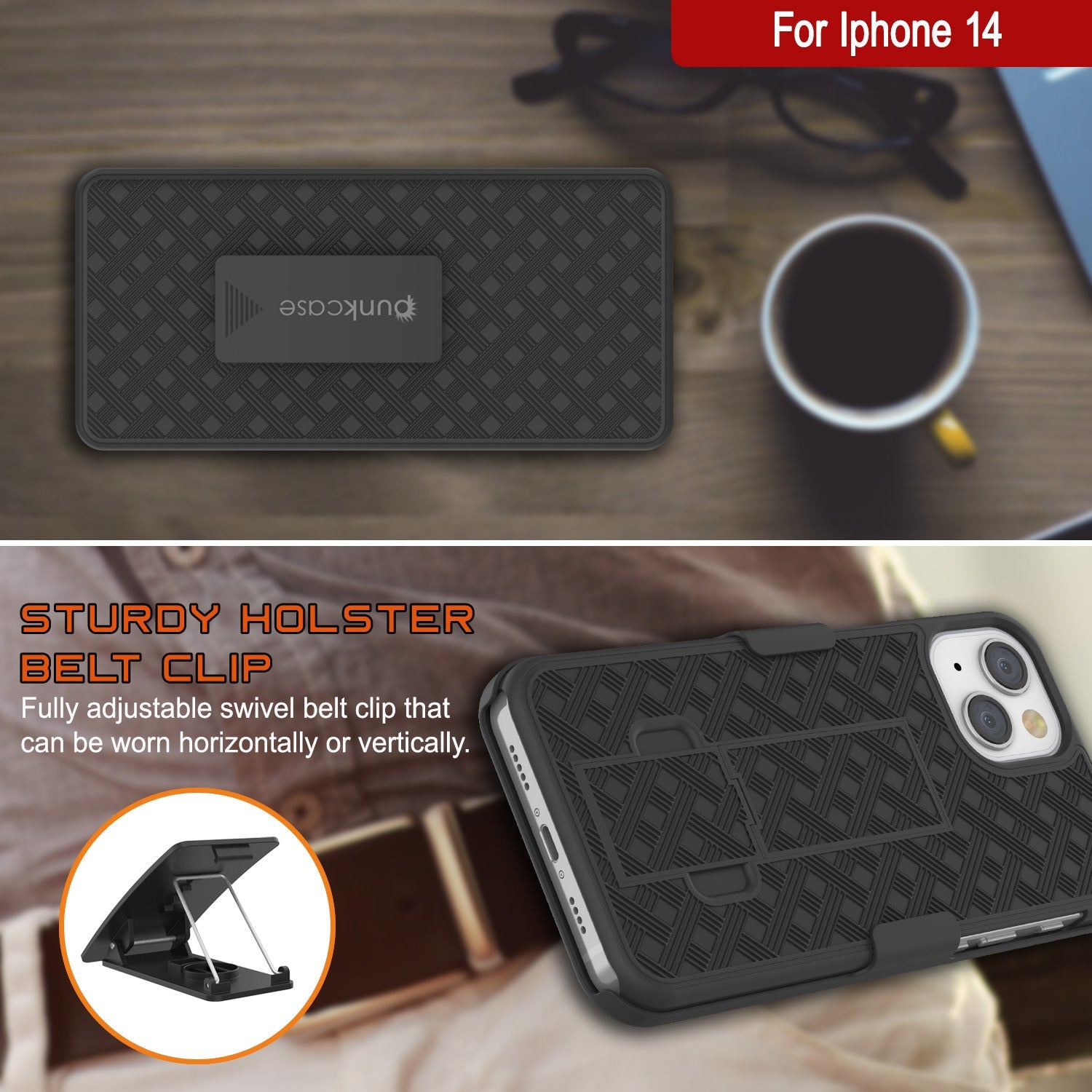Capa Punkcase para iPhone 14 com protetor de tela de vidro temperado, clip de cinto, e suporte embutido [Preto]