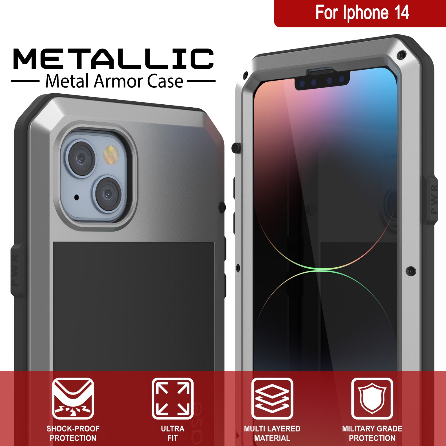 Capa de Metal para iPhone 14, Capa de Armadura de Grau Militar Resistente [à prova de choque] para Corpo Inteiro [Prateada]