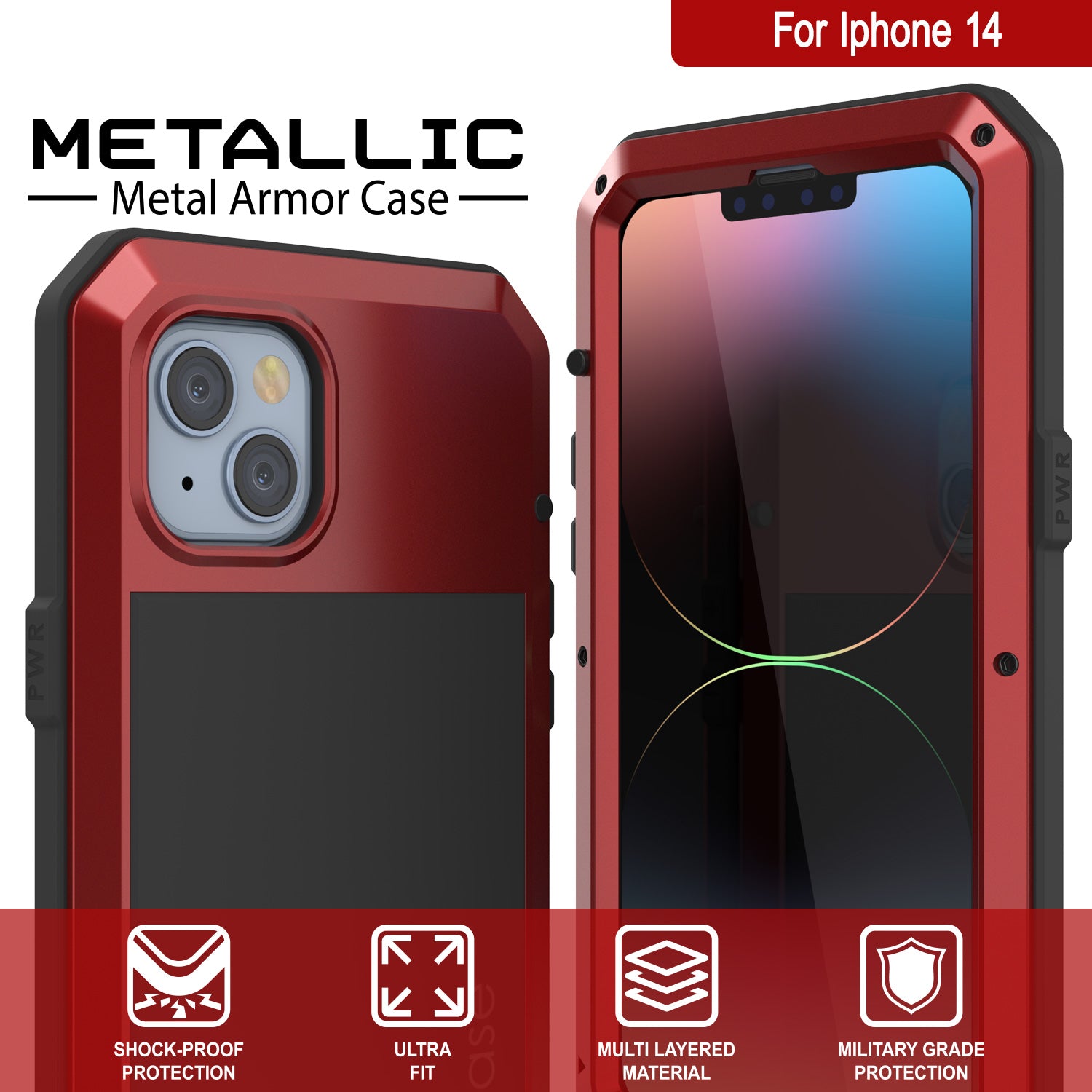Capa de metal para iPhone 14, resistente de Grau Militar, cobertura de armadura resistente [à prova de choque] corpo inteiro duro [vermelho]