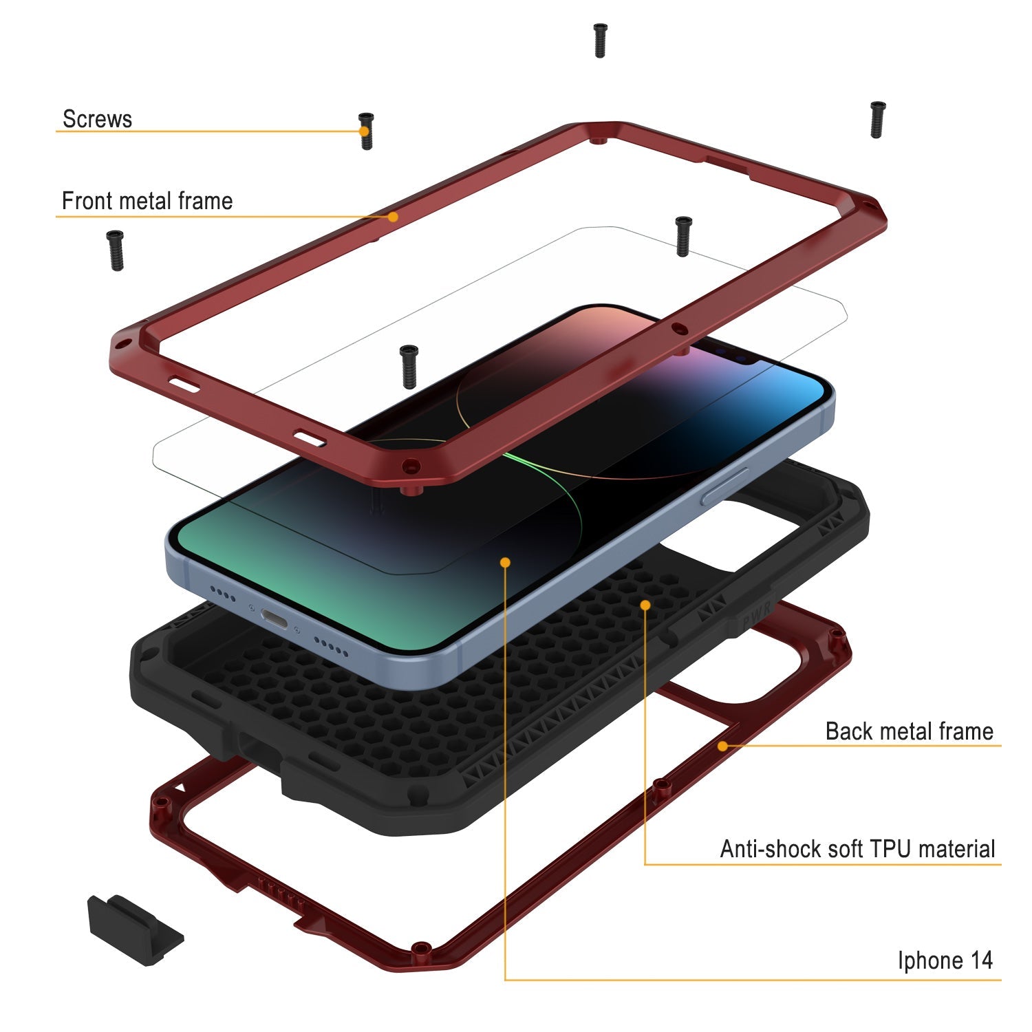 Capa de metal para iPhone 14, resistente de Grau Militar, cobertura de armadura resistente [à prova de choque] corpo inteiro duro [vermelho]