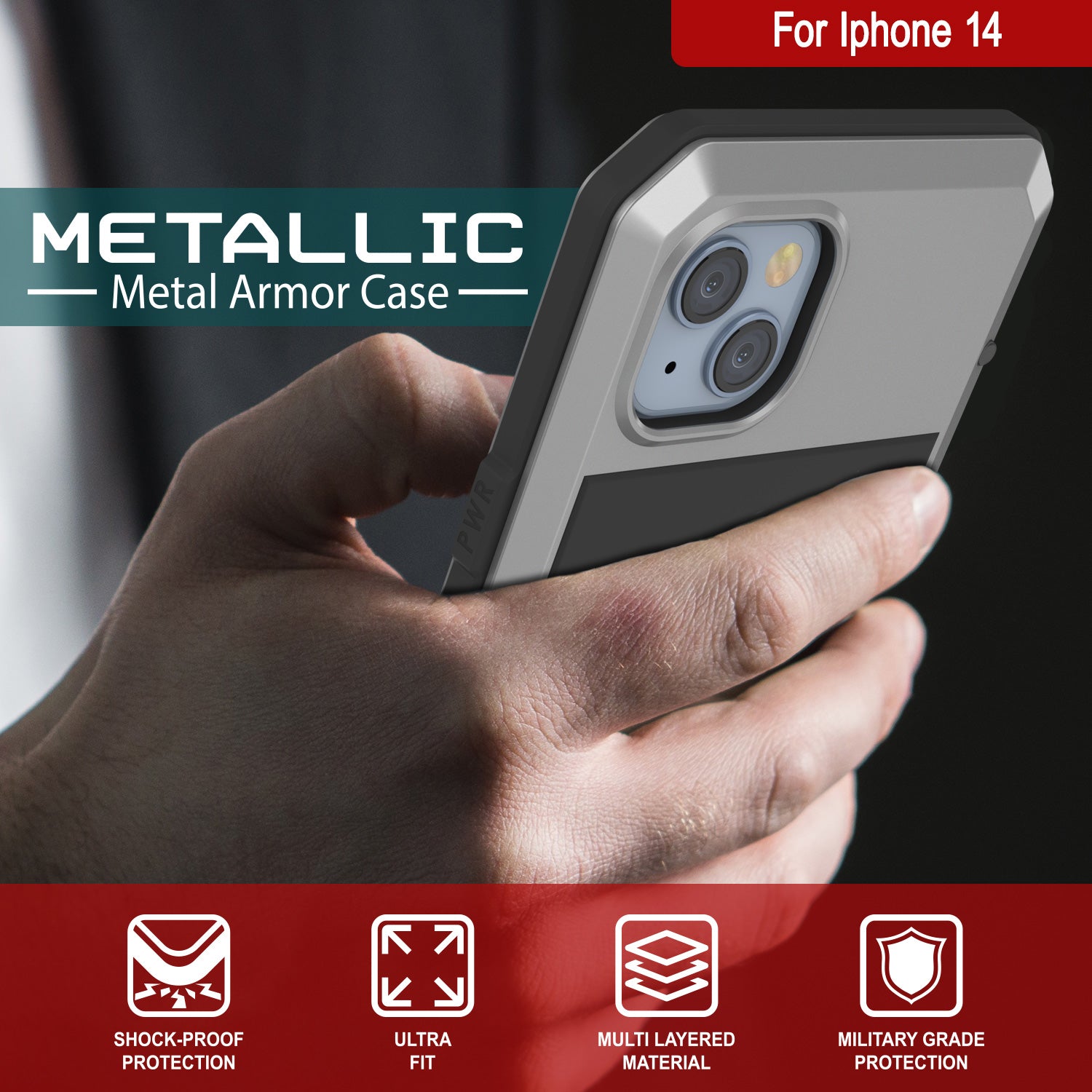 Capa de Metal para iPhone 14, Capa de Armadura de Grau Militar Resistente [à prova de choque] para Corpo Inteiro [Prateada]