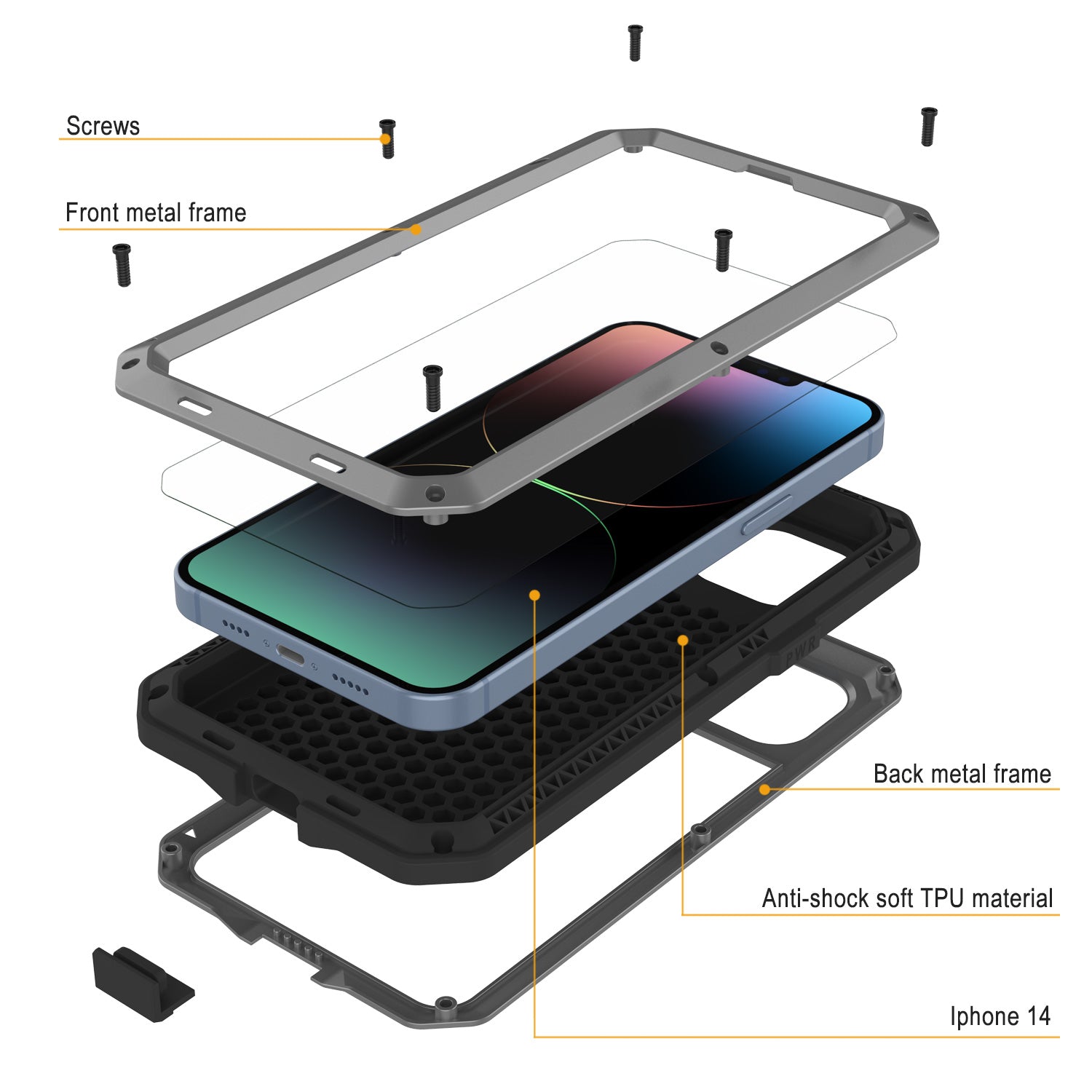 Capa de Metal para iPhone 14, Capa de Armadura de Grau Militar Resistente [à prova de choque] para Corpo Inteiro [Prateada]