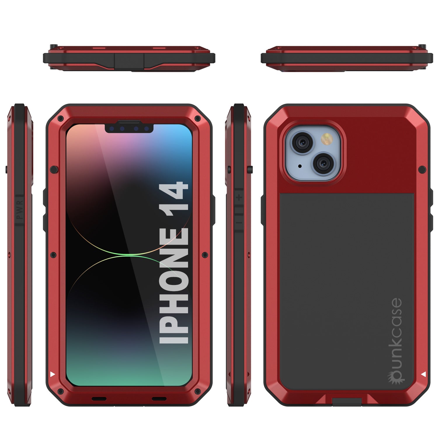 Capa de metal para iPhone 14, resistente de Grau Militar, cobertura de armadura resistente [à prova de choque] corpo inteiro duro [vermelho]