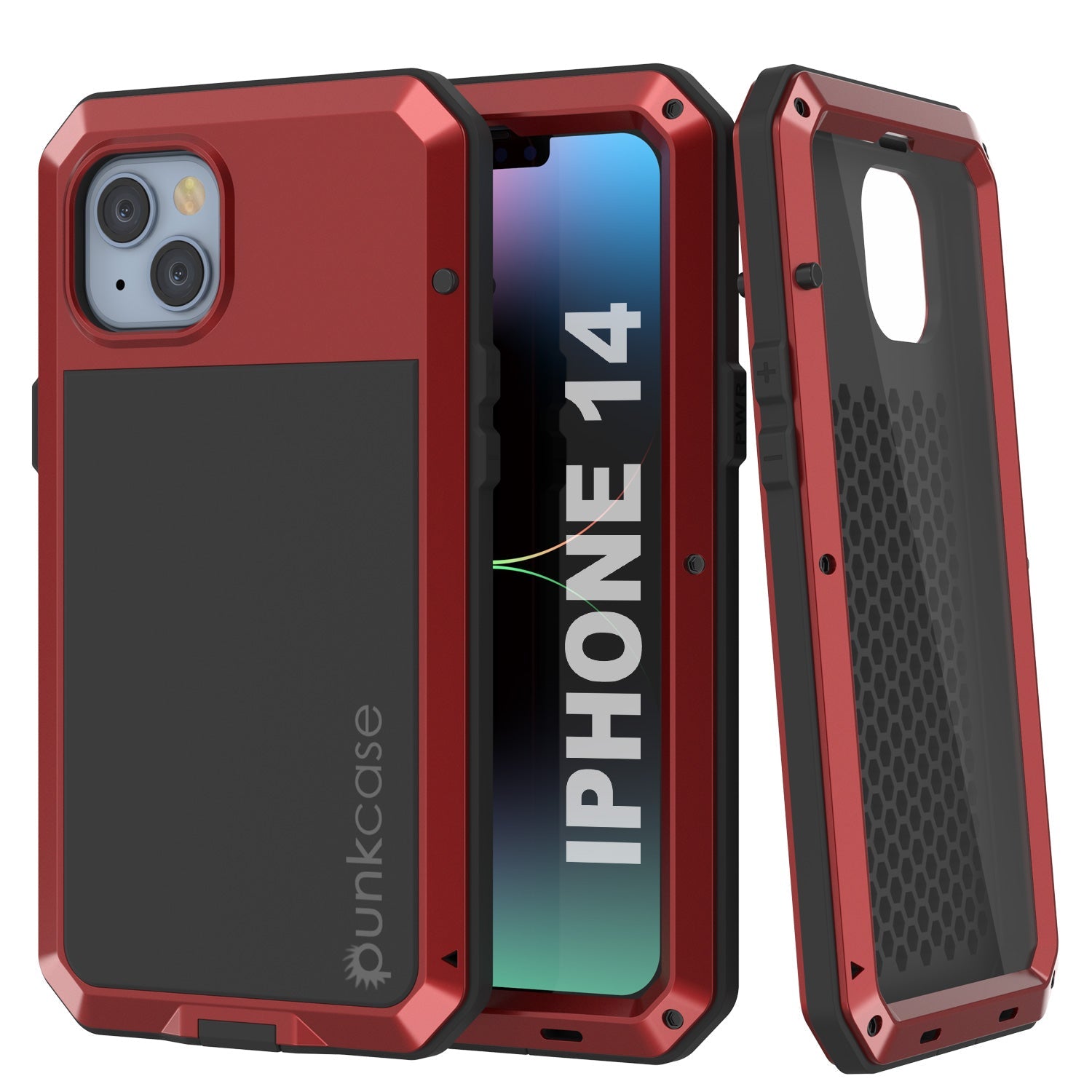 Capa de metal para iPhone 14, resistente de Grau Militar, cobertura de armadura resistente [à prova de choque] corpo inteiro duro [vermelho]
