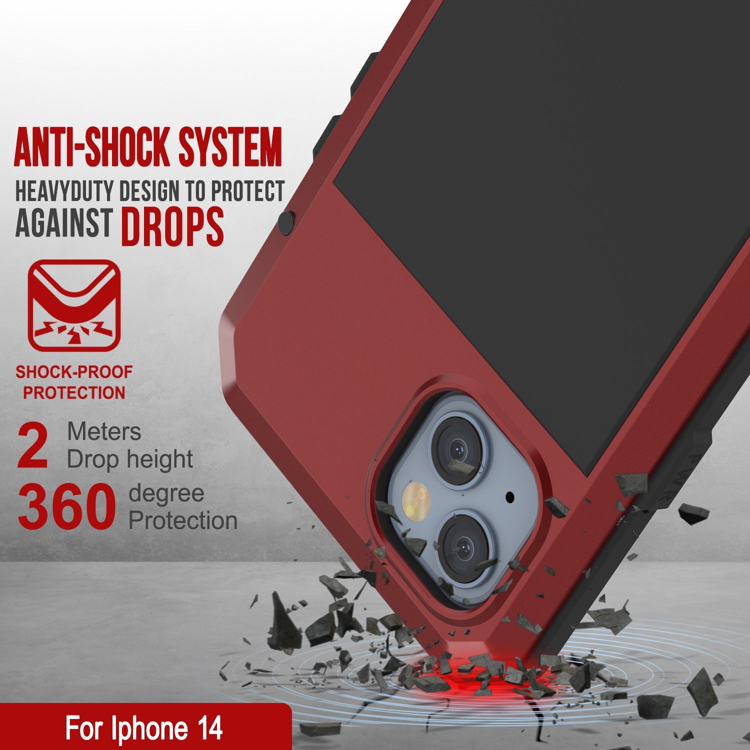Capa de metal para iPhone 14, resistente de Grau Militar, cobertura de armadura resistente [à prova de choque] corpo inteiro duro [vermelho]
