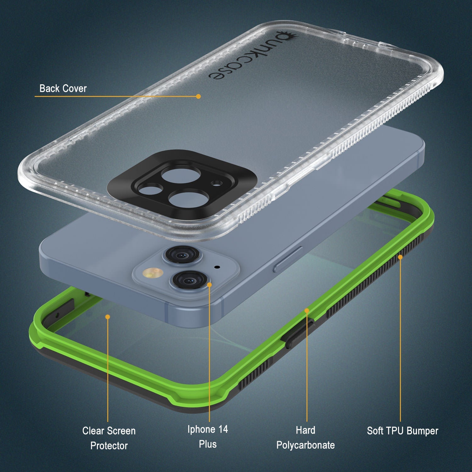 Capa impermeável Punkcase para iPhone 14 Plus [Série Aqua] Capa de armadura [Preto Transparente] [Transparente na parte de trás]