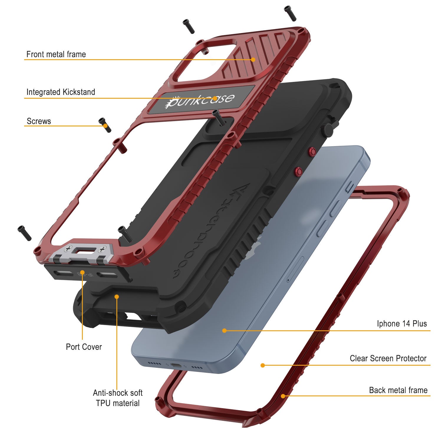 Capa iPhone 14 Plus Metal Extreme 3.0, Capa de blindagem militar resistente [à prova de choque] à prova d'água em alumínio [vermelho]