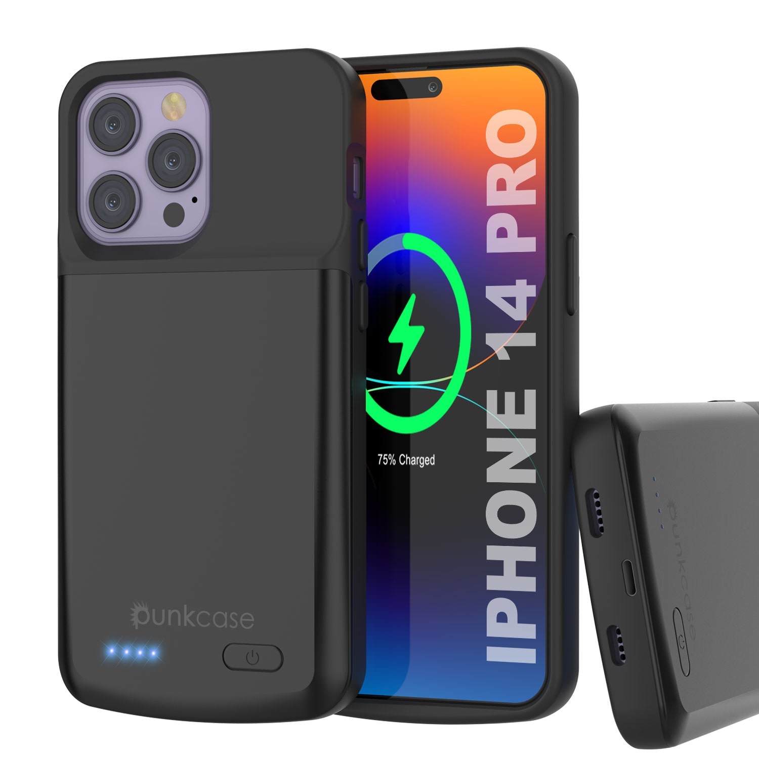 Capa de bateria iPhone 14 Pro, PunkJuice 4800mAH Power Bank de carregamento rápido com protetor de tela | [Preto]