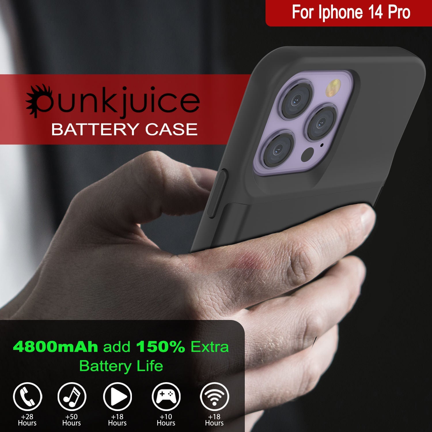 Capa de bateria iPhone 14 Pro, PunkJuice 4800mAH Power Bank de carregamento rápido com protetor de tela | [Preto]