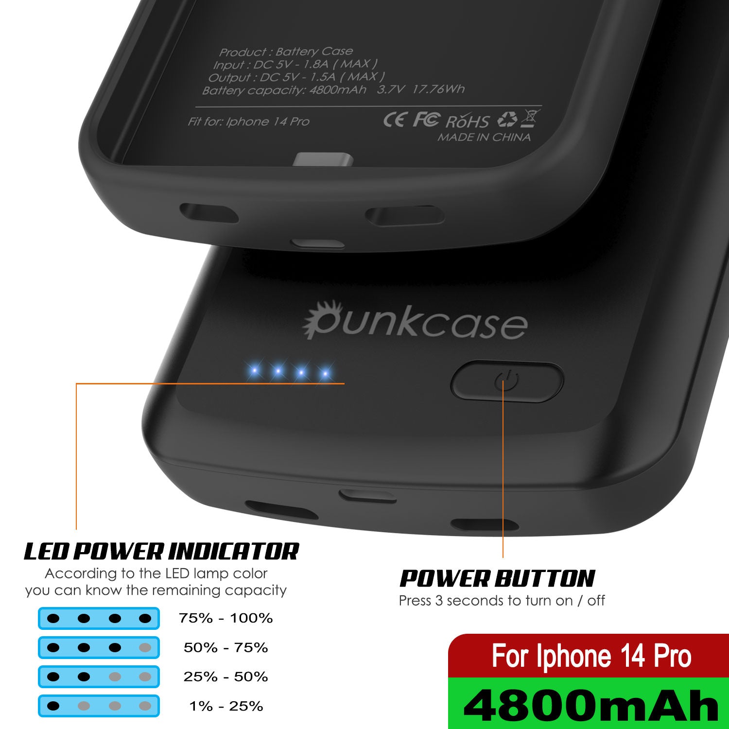 Capa de bateria iPhone 14 Pro, PunkJuice 4800mAH Power Bank de carregamento rápido com protetor de tela | [Preto]