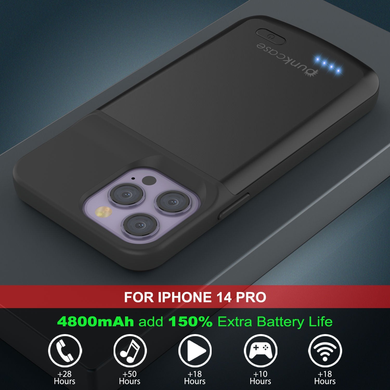 Capa de bateria iPhone 14 Pro, PunkJuice 4800mAH Power Bank de carregamento rápido com protetor de tela | [Preto]