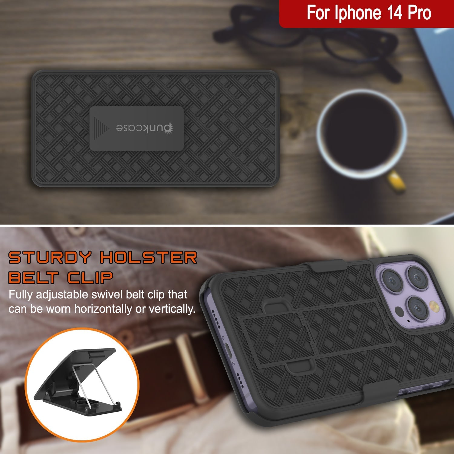 Capa Punkcase para iPhone 14 Pro com Protetor de Tela de Vidro Temperado, Clipe de Cinto, Bolsa e Suporte Embutido [Preto]