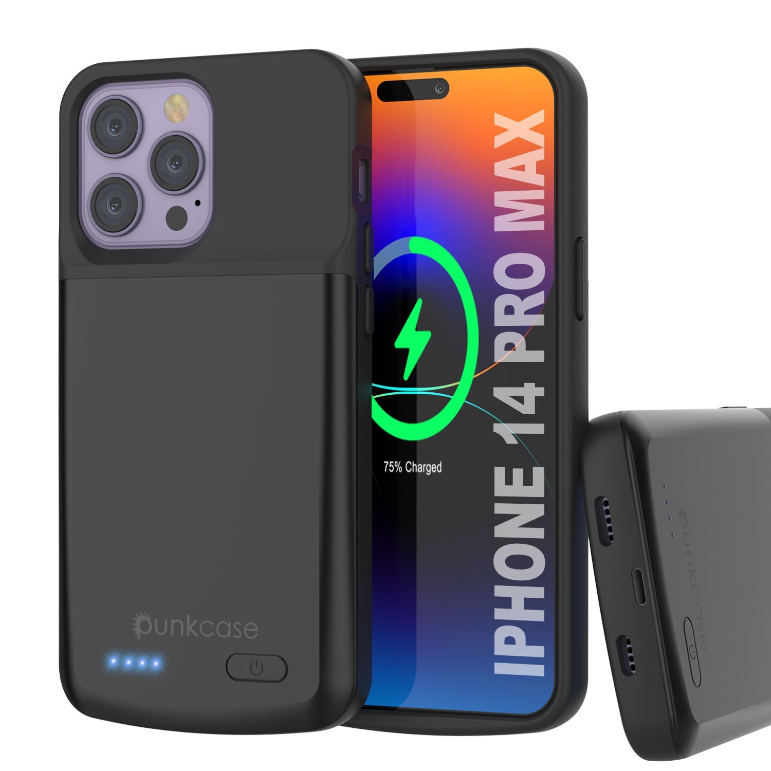 Capa de bateria para iPhone 14 Pro Max, PunkJuice 4800mAH Power Bank de carregamento rápido com Protetor de Tela | [Preto]