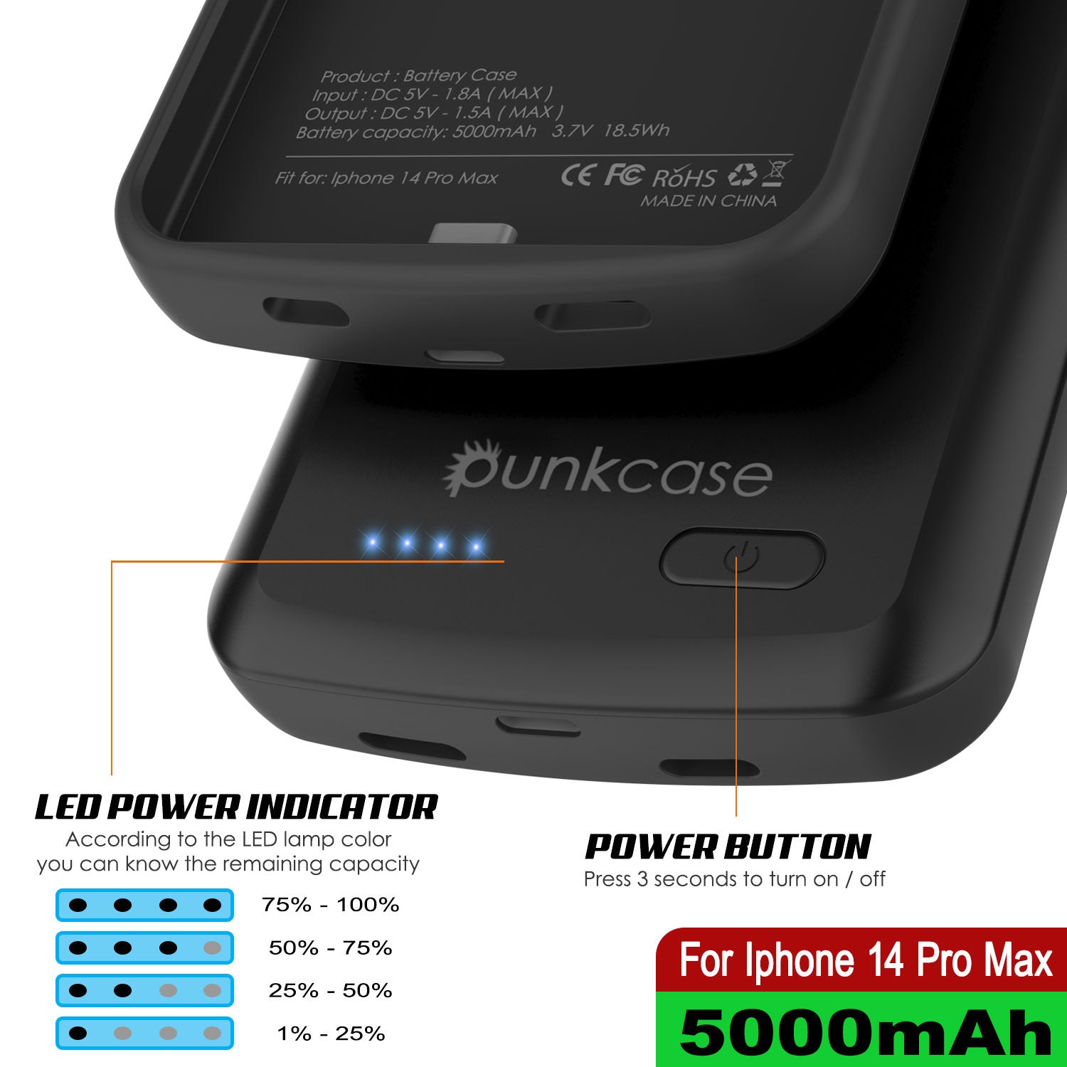 Capa de bateria para iPhone 14 Pro Max, PunkJuice 4800mAH Power Bank de carregamento rápido com Protetor de Tela | [Preto]