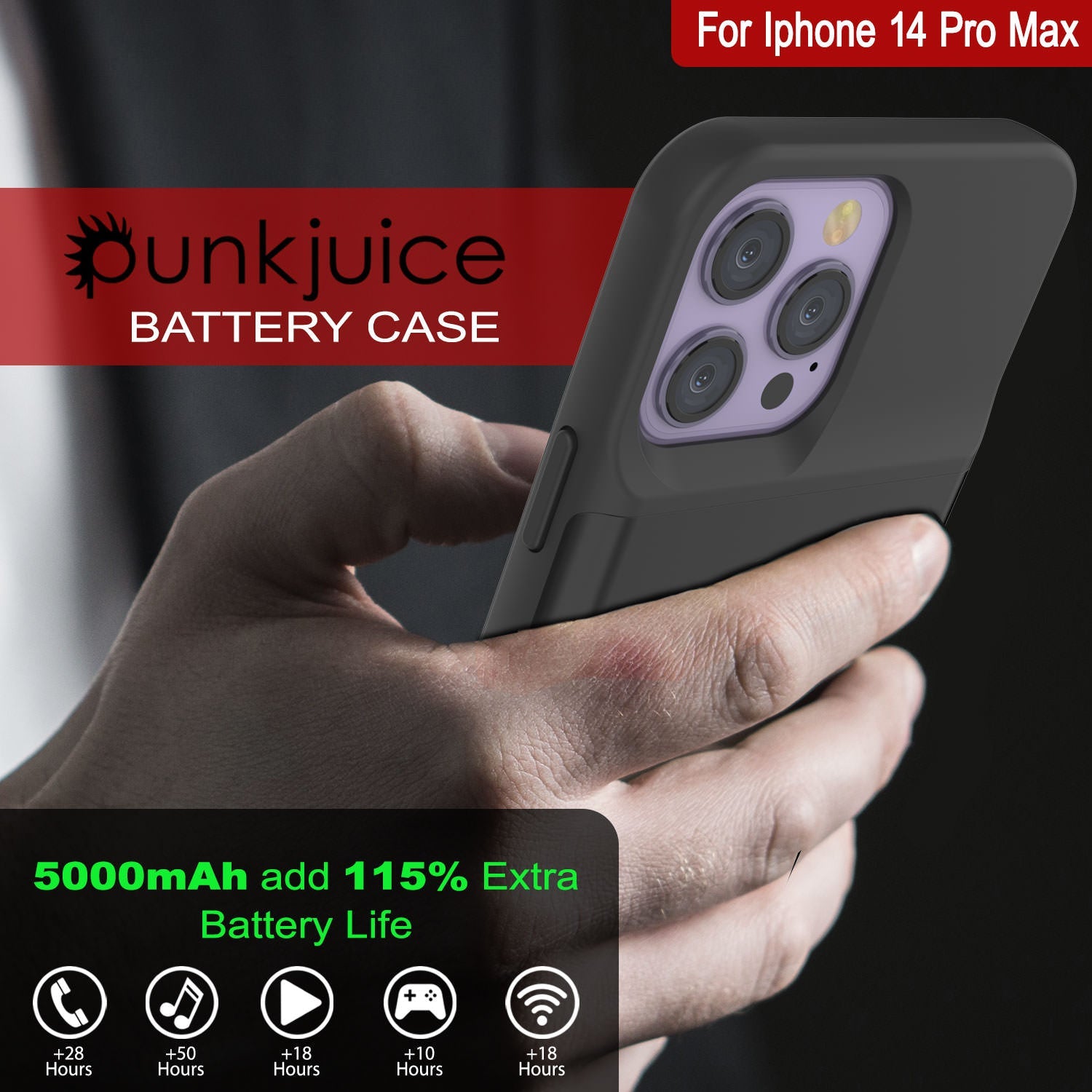 Capa de bateria para iPhone 14 Pro Max, PunkJuice 4800mAH Power Bank de carregamento rápido com Protetor de Tela | [Preto]