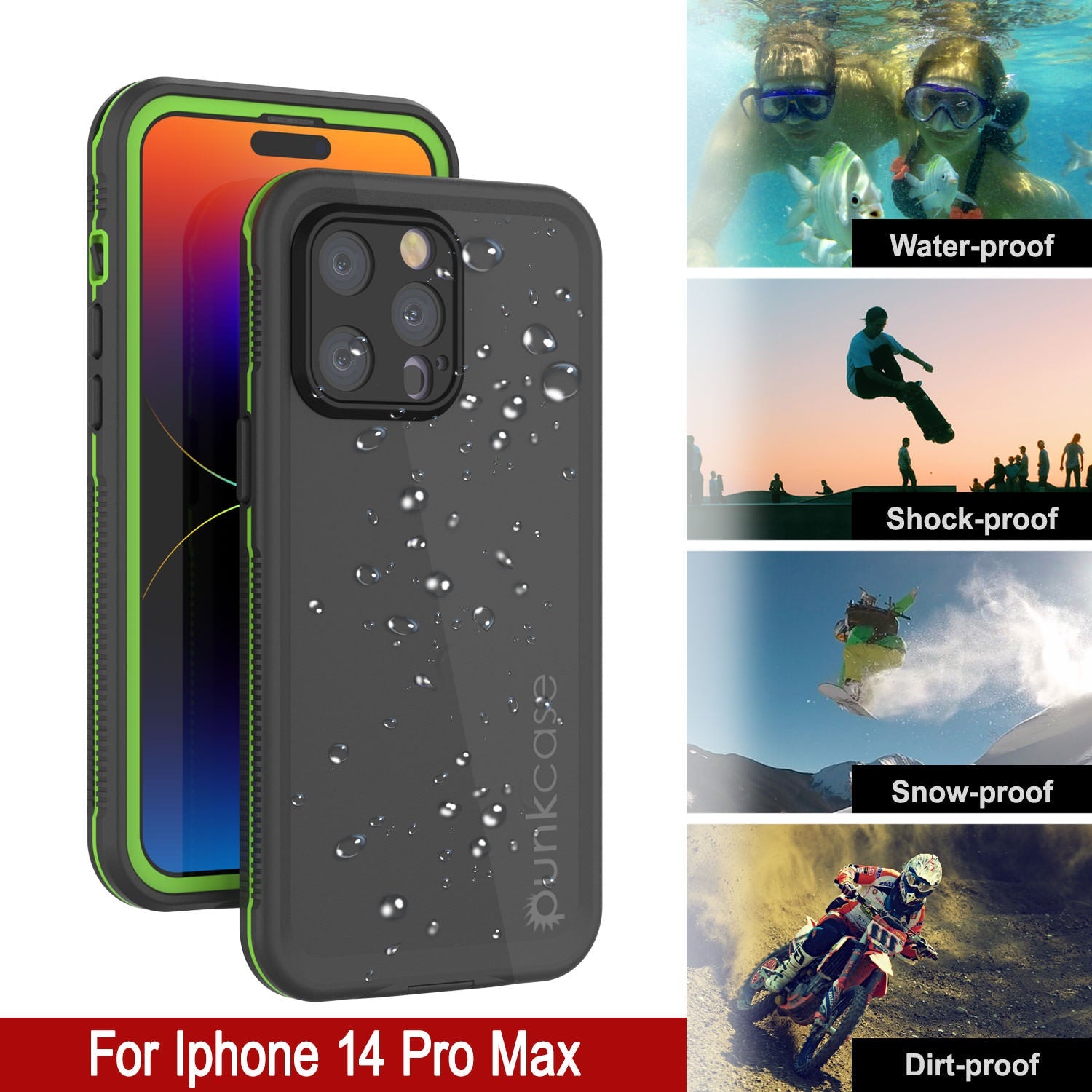 Capa à Prova d'Água Punkcase para iPhone 14 Pro Max [Série Aqua] Cobertura de Armadura [Preto-Verde]